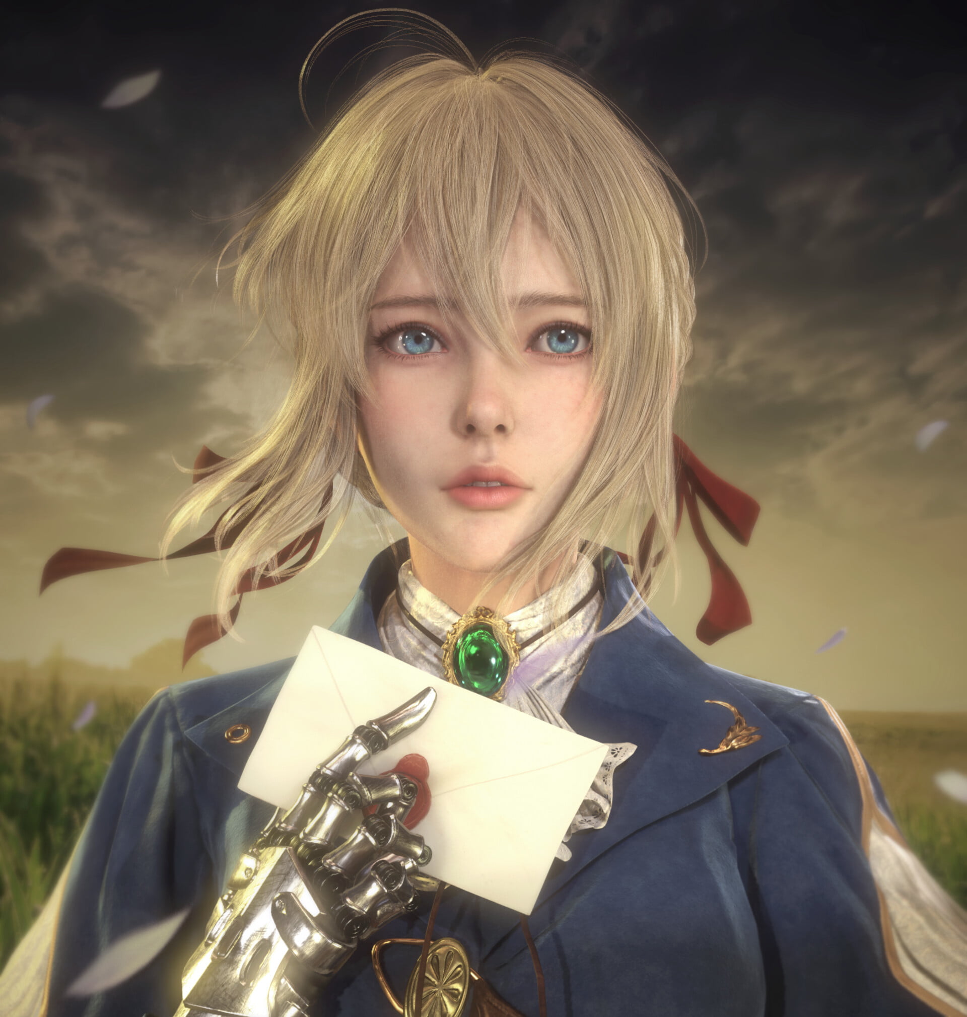 1080P, prosthesis, portrait, letter, blue eyes, Violet Evergarden, blonde, women, emerald, blue clothing, short hair, wind, CGI, Phone HD Wallpaper