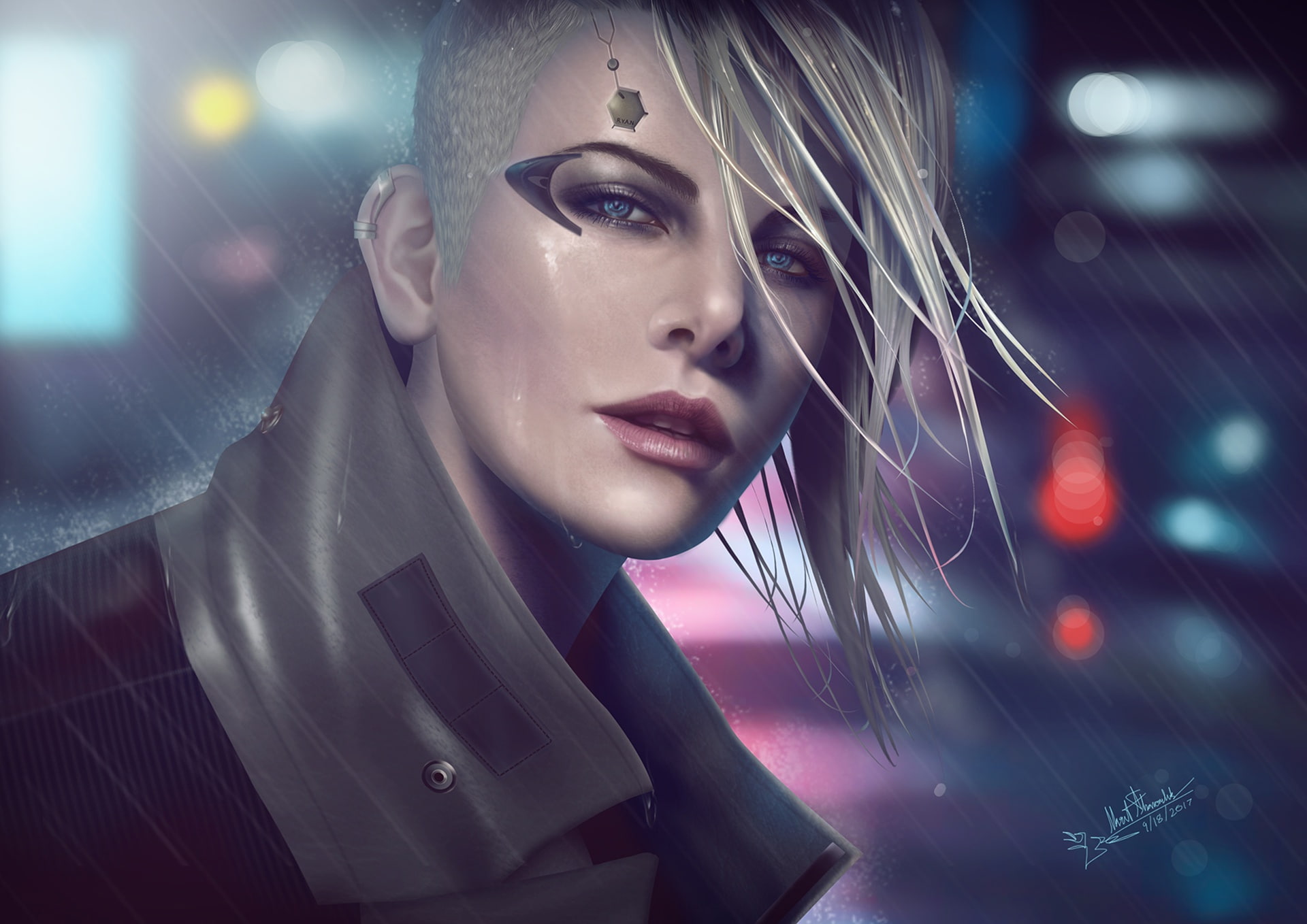 cyberpunk, 1080P, rain, eyes, prosthesis, the evening, beauty, look, face, fiction, girl, HD Wallpaper