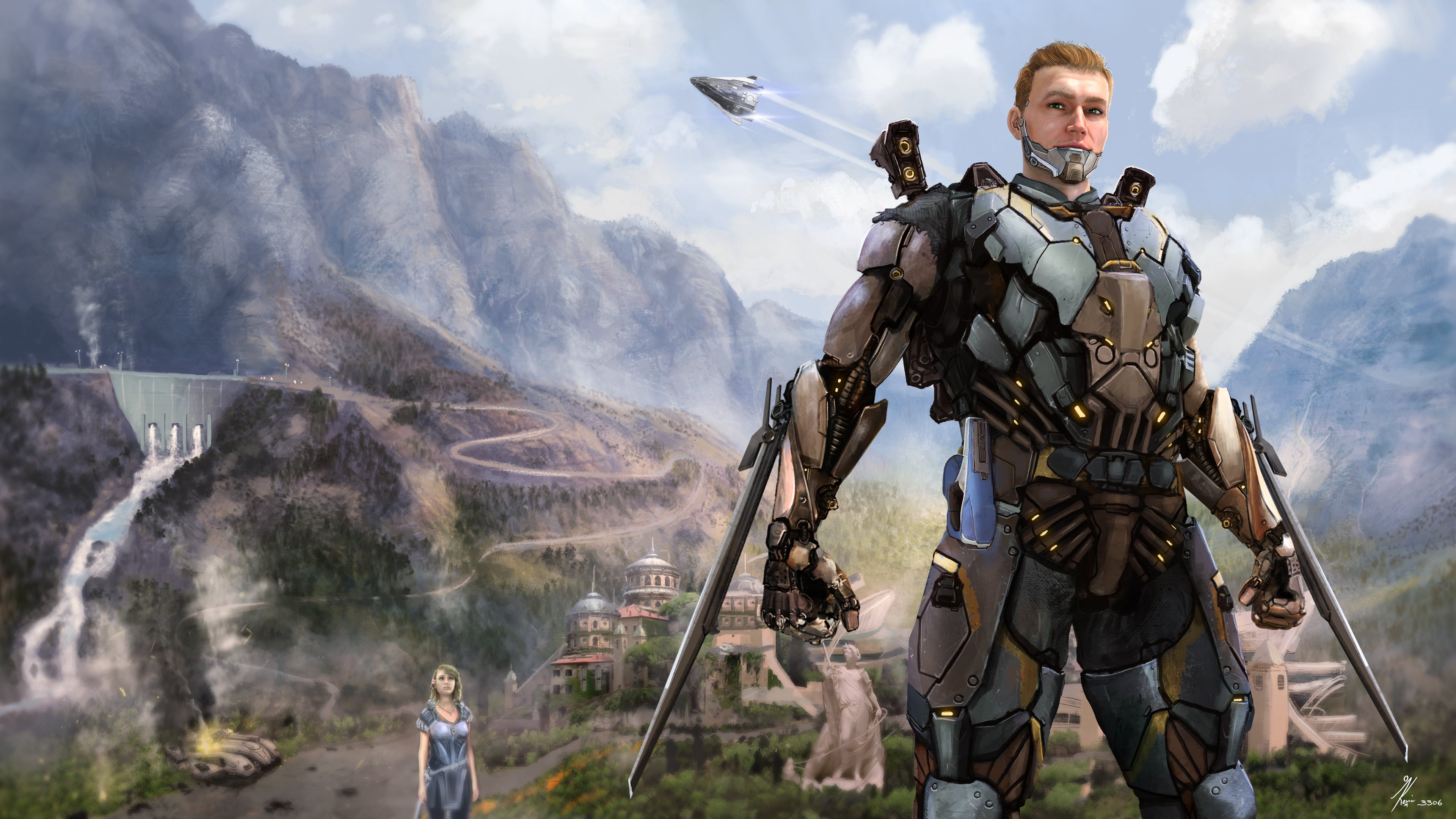 prosthesis, atmosphere, jetpack, mountains, tank, mansion, Commander, machine, valley, statue, spaceship, Elite, 4K, sword, dam, Vista, Elite: Dangerous, HD Wallpaper