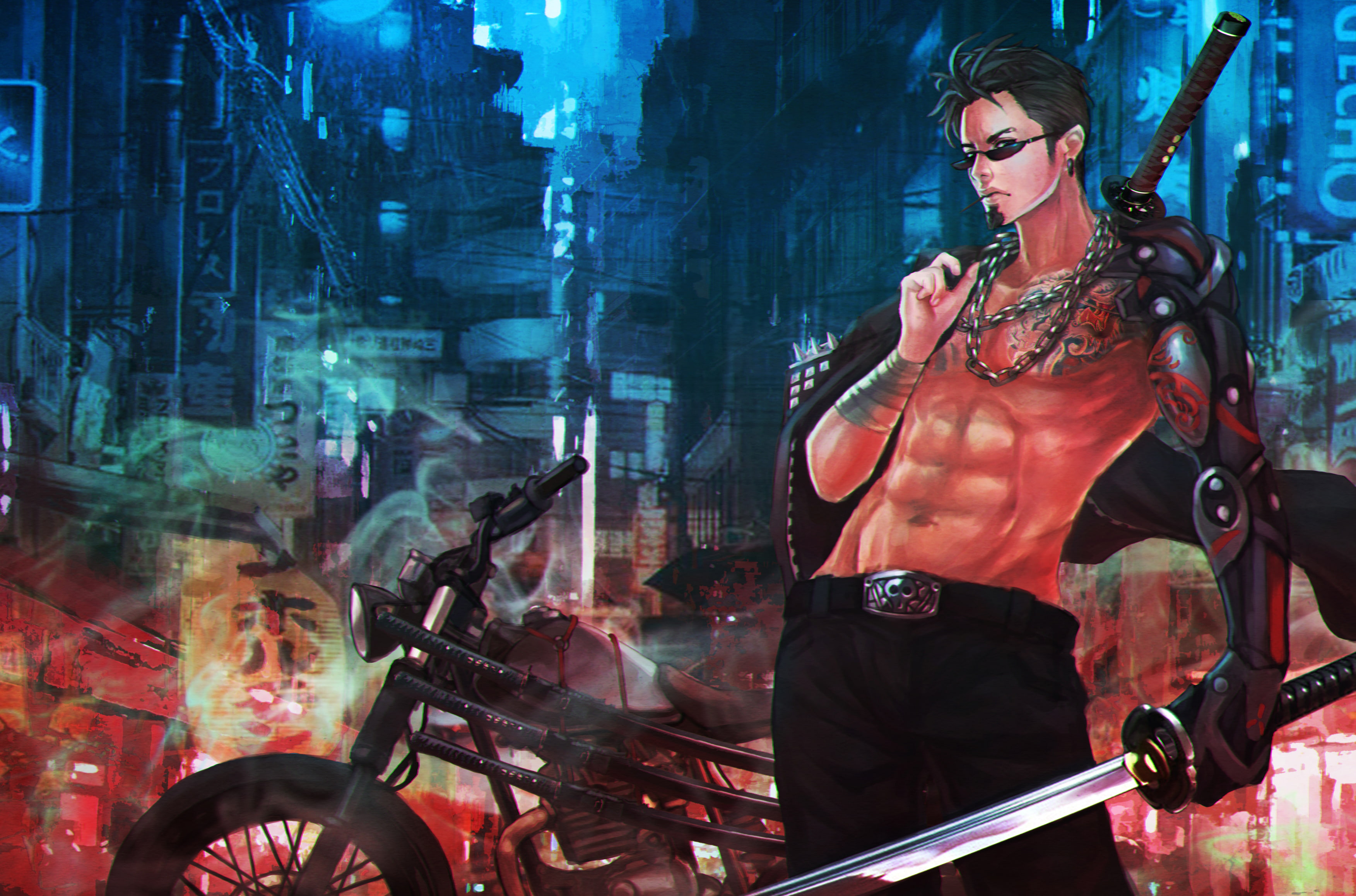 torso, motorcycle, 2K, sword, fiction, art, male, killer, hand, katana, prosthesis, glasses, bike, HD Wallpaper