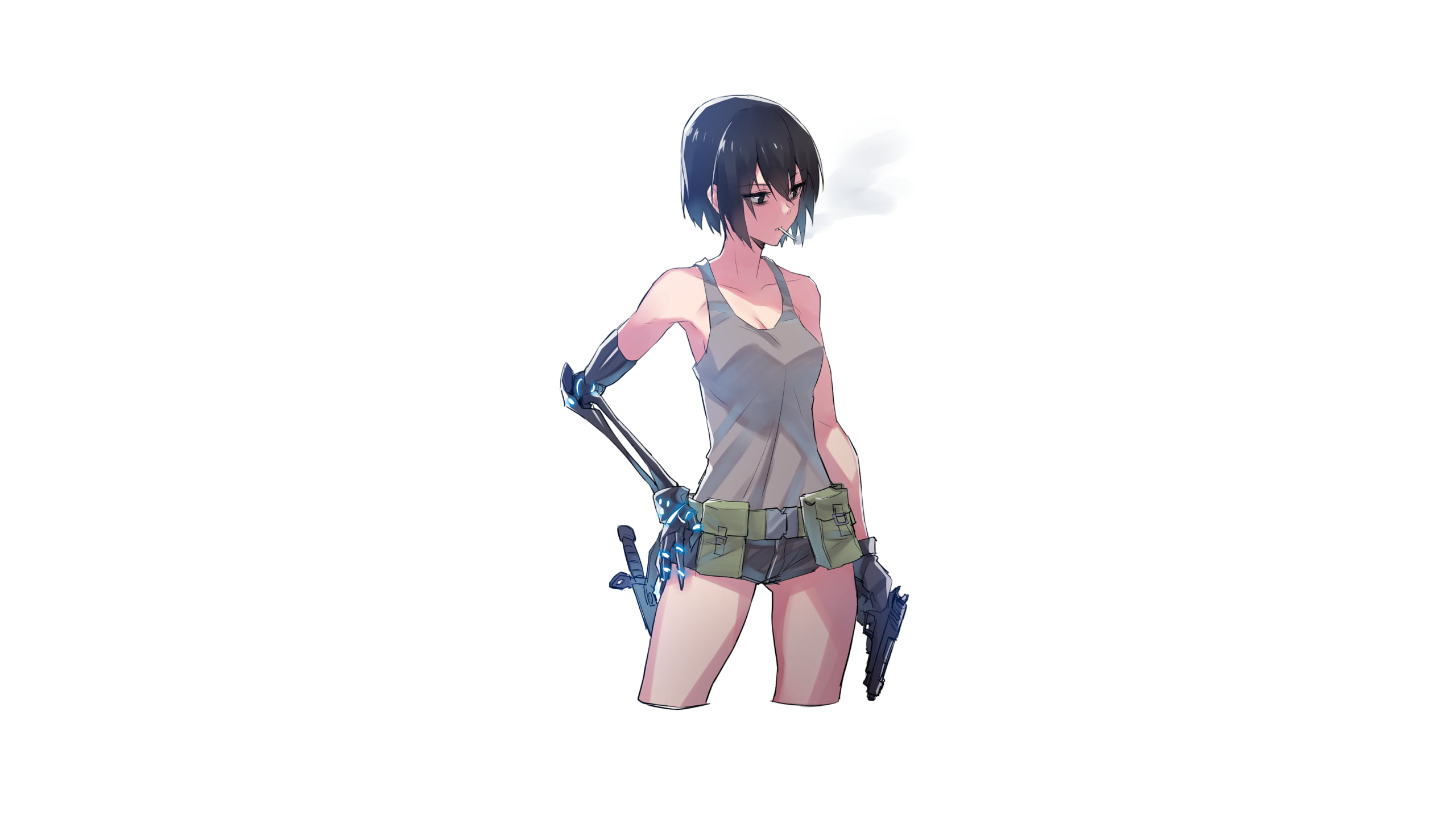 pistol, prosthesis, short hair, Supernew, gun, black hair, shorts, 2K, original characters, HD Wallpaper