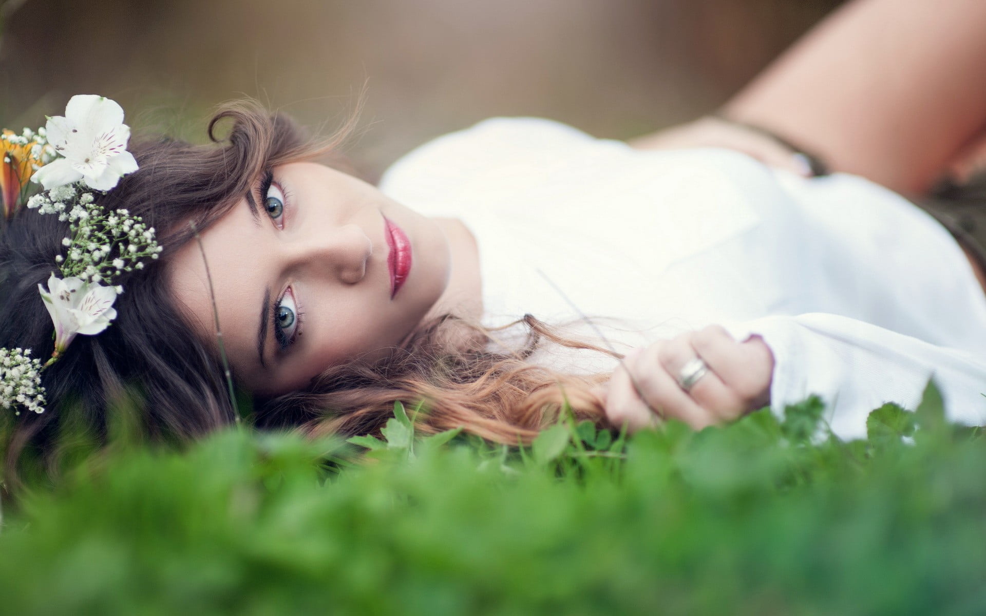 flower in hair, grass, enjoyment, smiling, blue eyes, headdress, white dress, beautiful woman, elegance, meadow, flowers, beautiful, relaxation, summer, HD Wallpaper