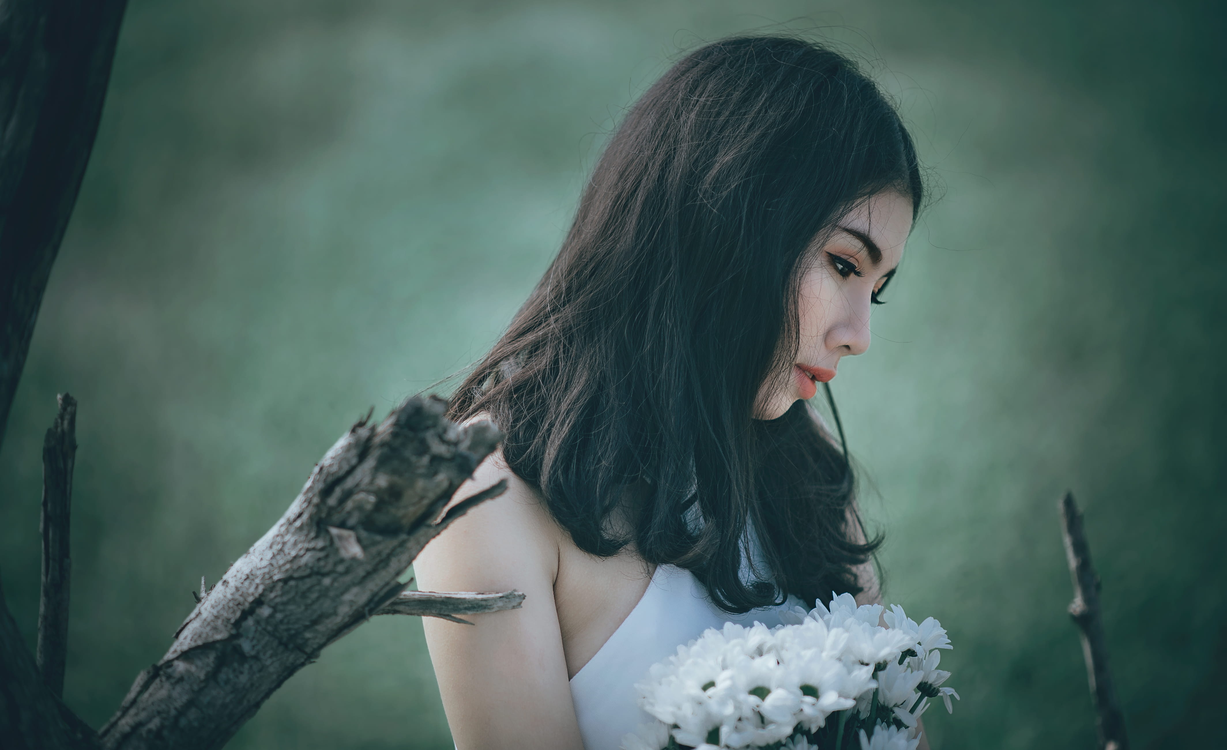 teenager, young women, plant, real people, petaled, looking, wear, person, beautiful woman, focus on foreground, lifestyles, adult, 4K, one person, headshot, HD Wallpaper