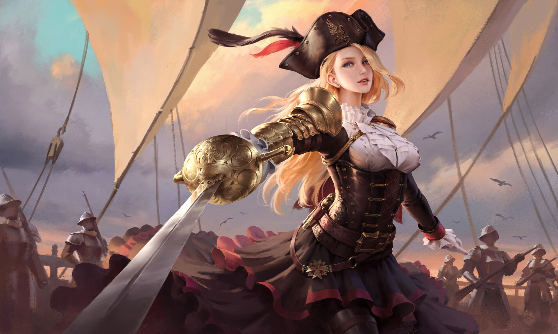 Pirate hat, blue eyes, Wenfei Ye, pirates, sword, long hair, wind, drawing, armor, weapon, gold, blonde, looking at viewer, skirt, 1080P, women, HD Wallpaper