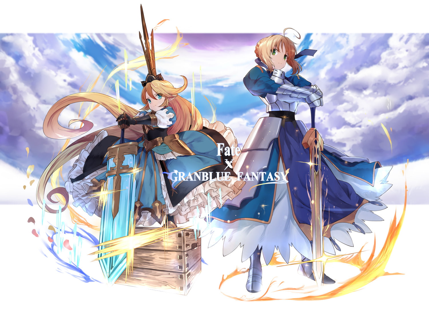 Anime, Blonde, musical instrument, Saber Lily, nature, human representation, creativity, 720P, music, Dress, cloud - sky, Smile, sky, Granblue Fantasy, HD Wallpaper