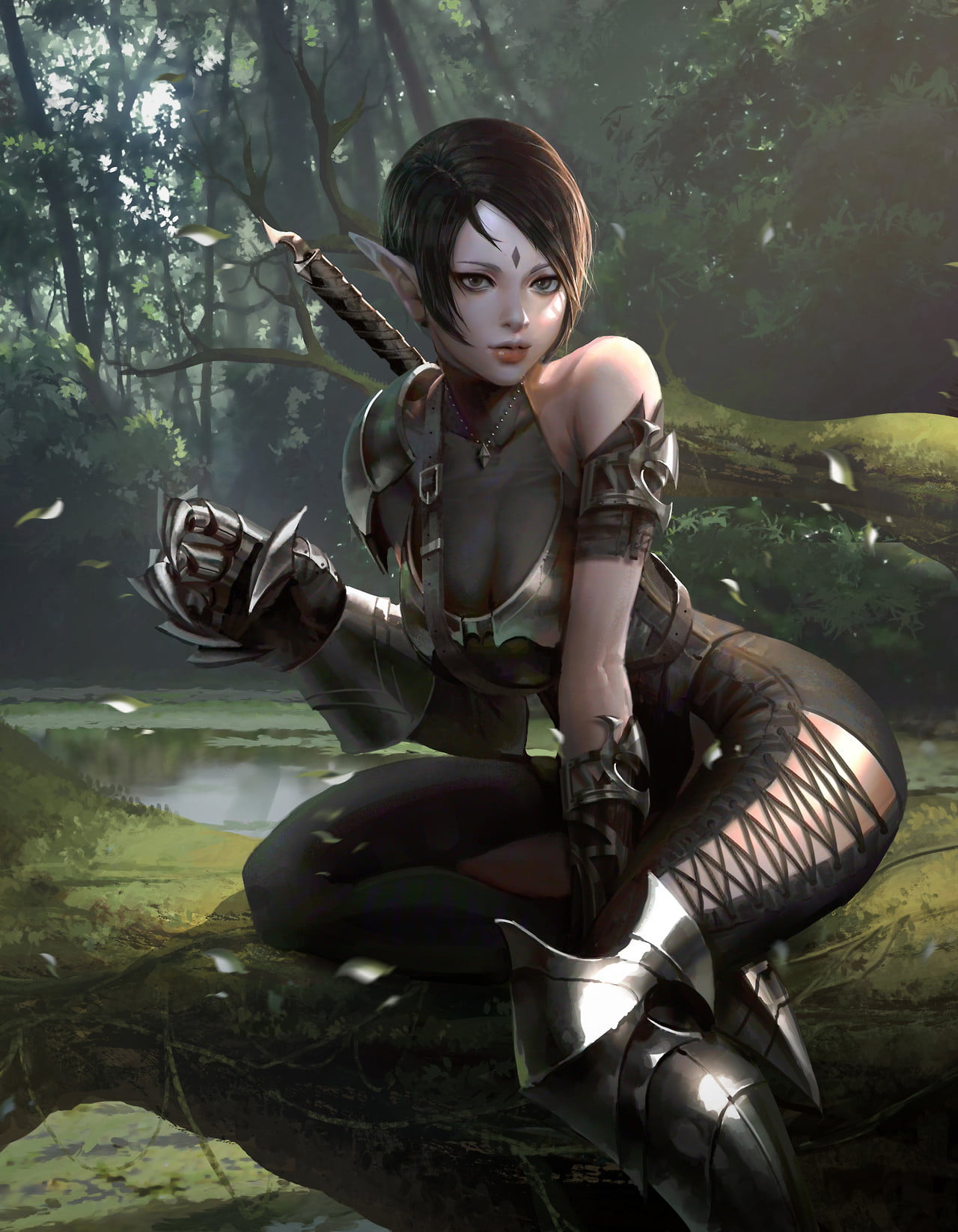 steel, dark hair, warrior, drawing, claws, fallen leaves, elves, wind, 720P, nature, short hair, weapon, tree stump, women, Phone HD Wallpaper