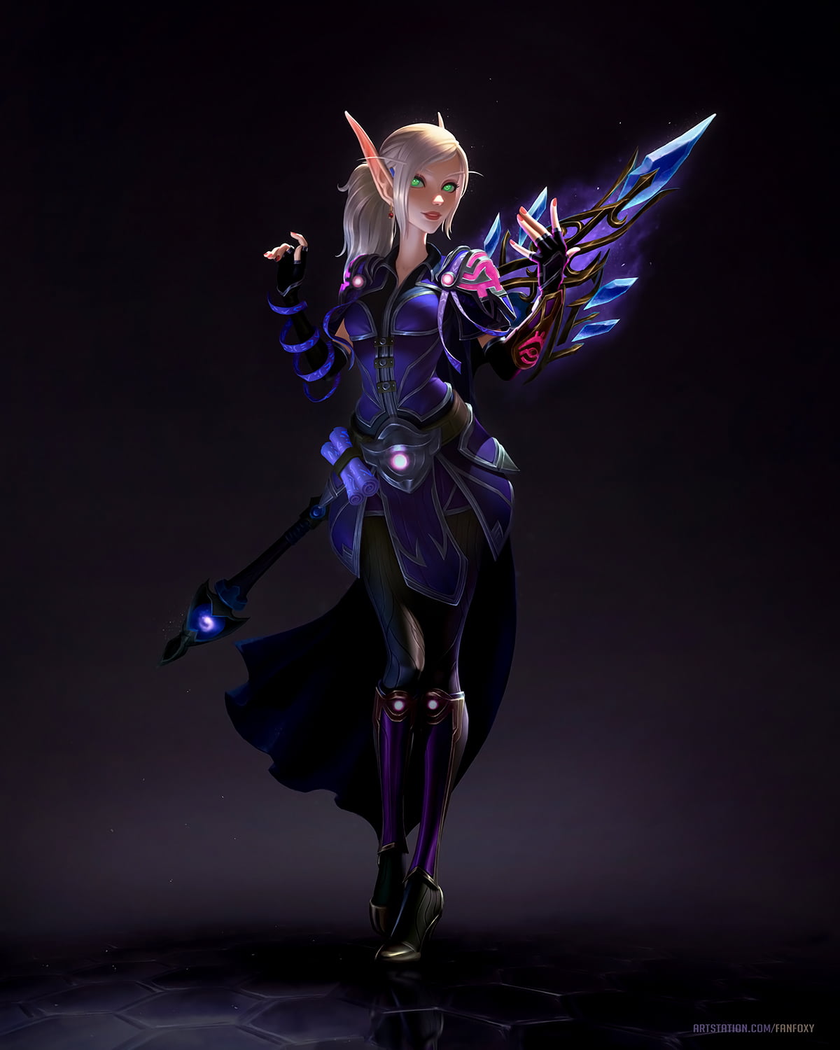 green eyes, women, blonde, Warcraft, armor, blood elves, weapon, long hair, staff, dark, 720P, Fanfoxy, magician, drawing, ponytail, Phone HD Wallpaper