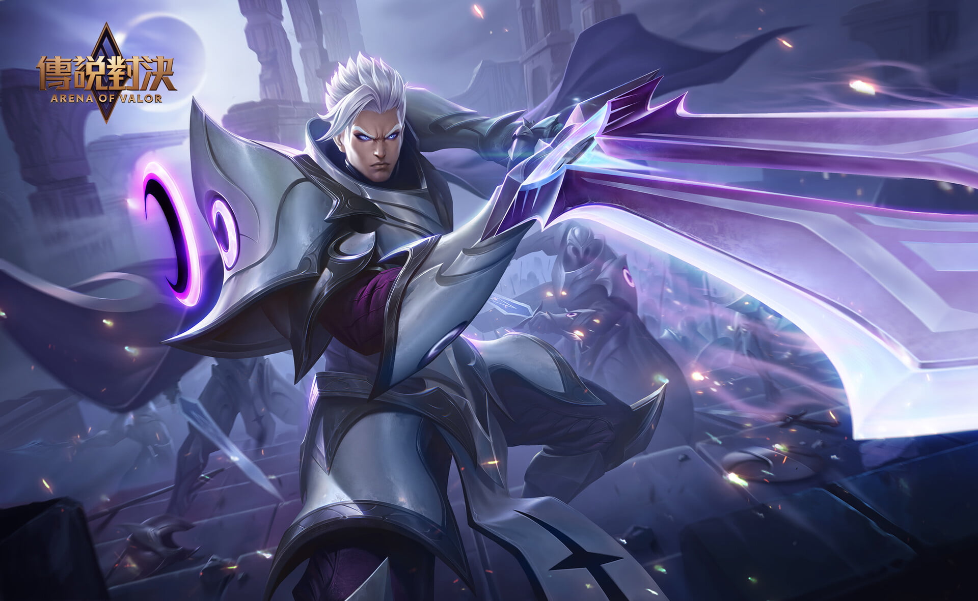 magic, men, silver hair, blue eyes, armor, drawing, Arena of Valor, purple, warrior, weapon, Brasenia 1, 1080P, fighting, sword, frown, HD Wallpaper