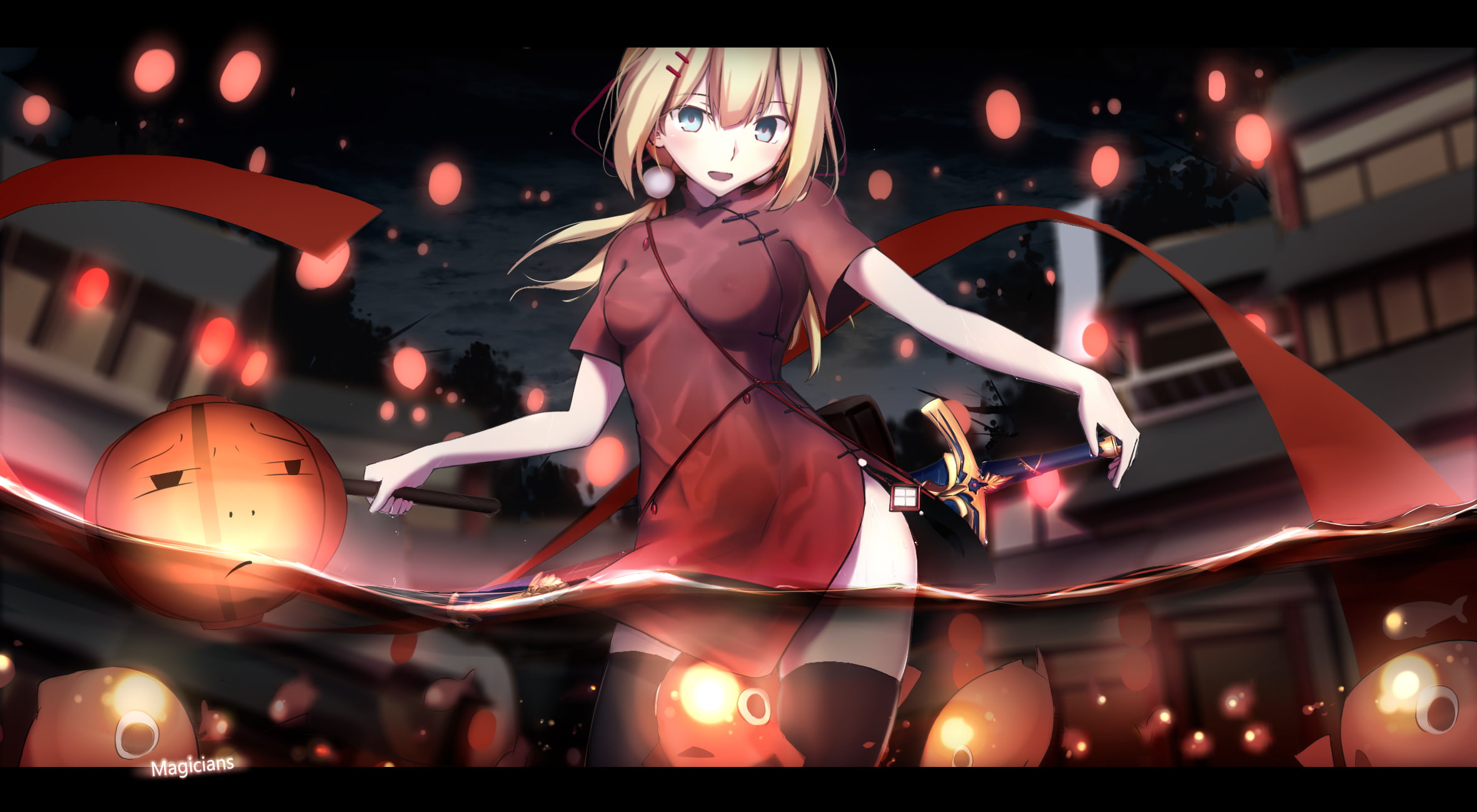 Blue Eyes, 1080P, Blonde, Sword, Fate (Series), Thigh Highs, Weapon, Chinese Dress, Fate/Stay Night, Night, Lantern, Fate Series, Anime, Saber (Fate Series), HD Wallpaper
