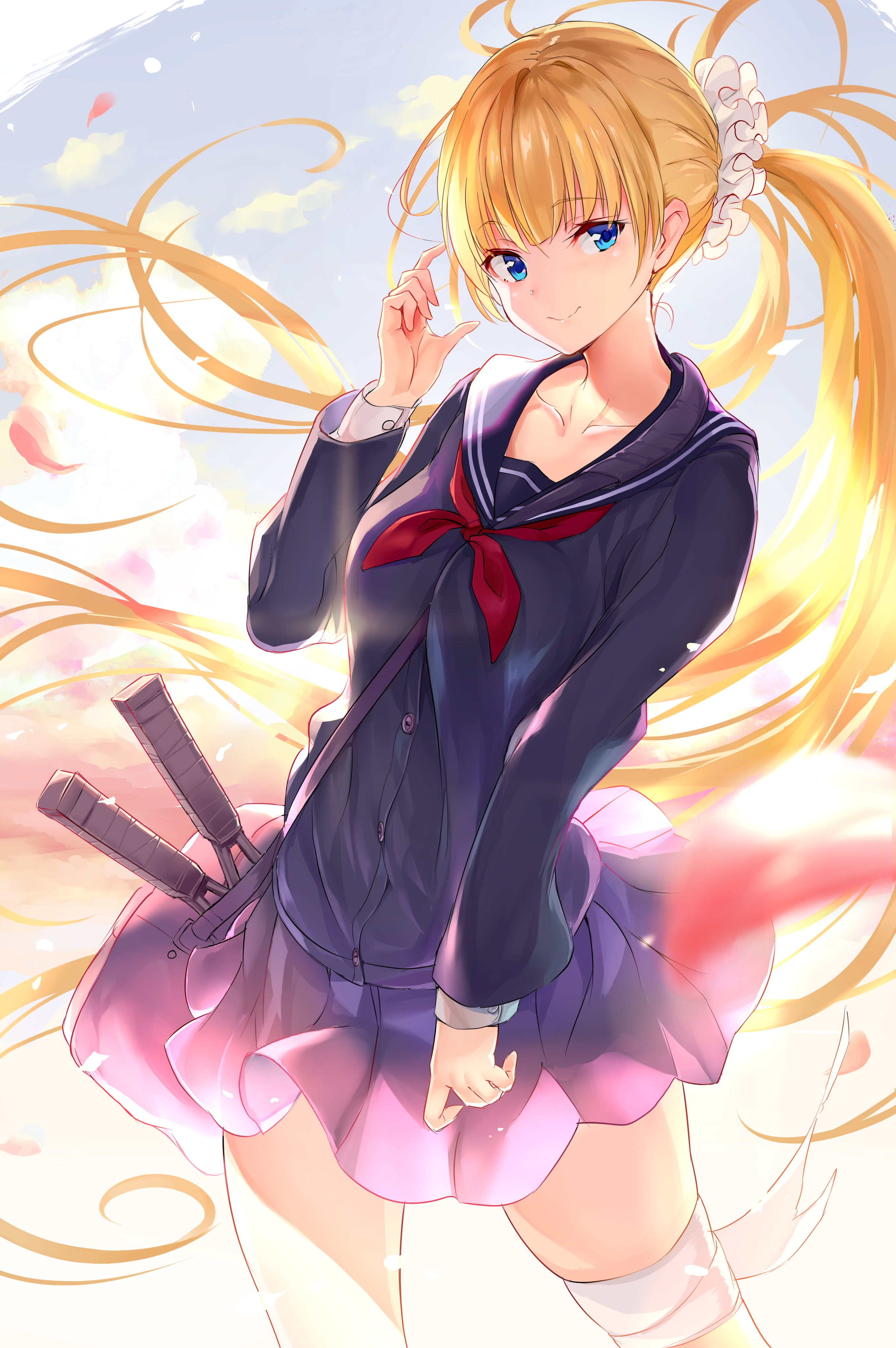 4K, anime, sailor uniform, tennis rackets, illustration, digital art, bandage, clouds, artwork, 2D, schoolgirl, ponytail, school uniform, drawing, smiling, Phone HD Wallpaper