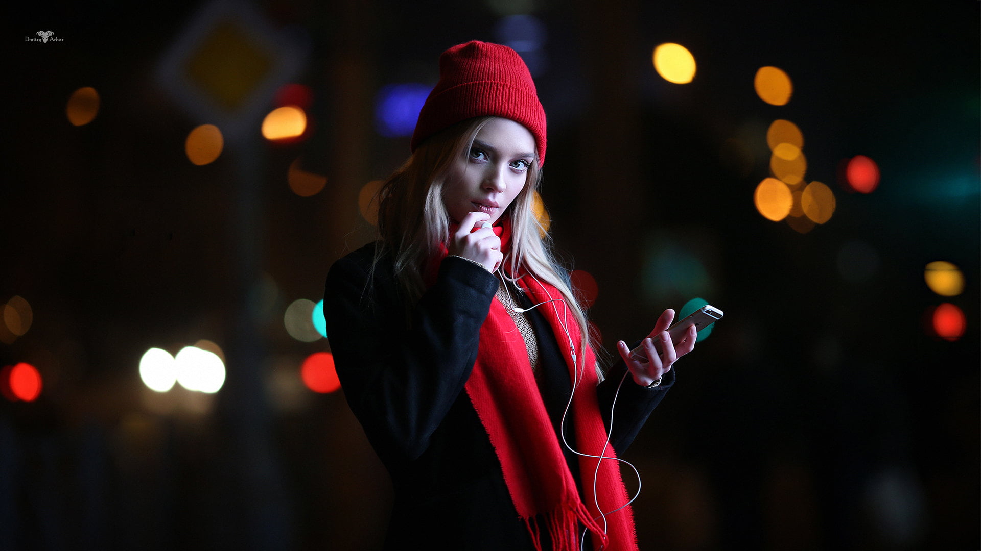 outdoors, beautiful woman, black coat, portable information device, women, light, model, scarf, warm clothing, illuminated, red, clothing, green eyes, blonde, HD Wallpaper