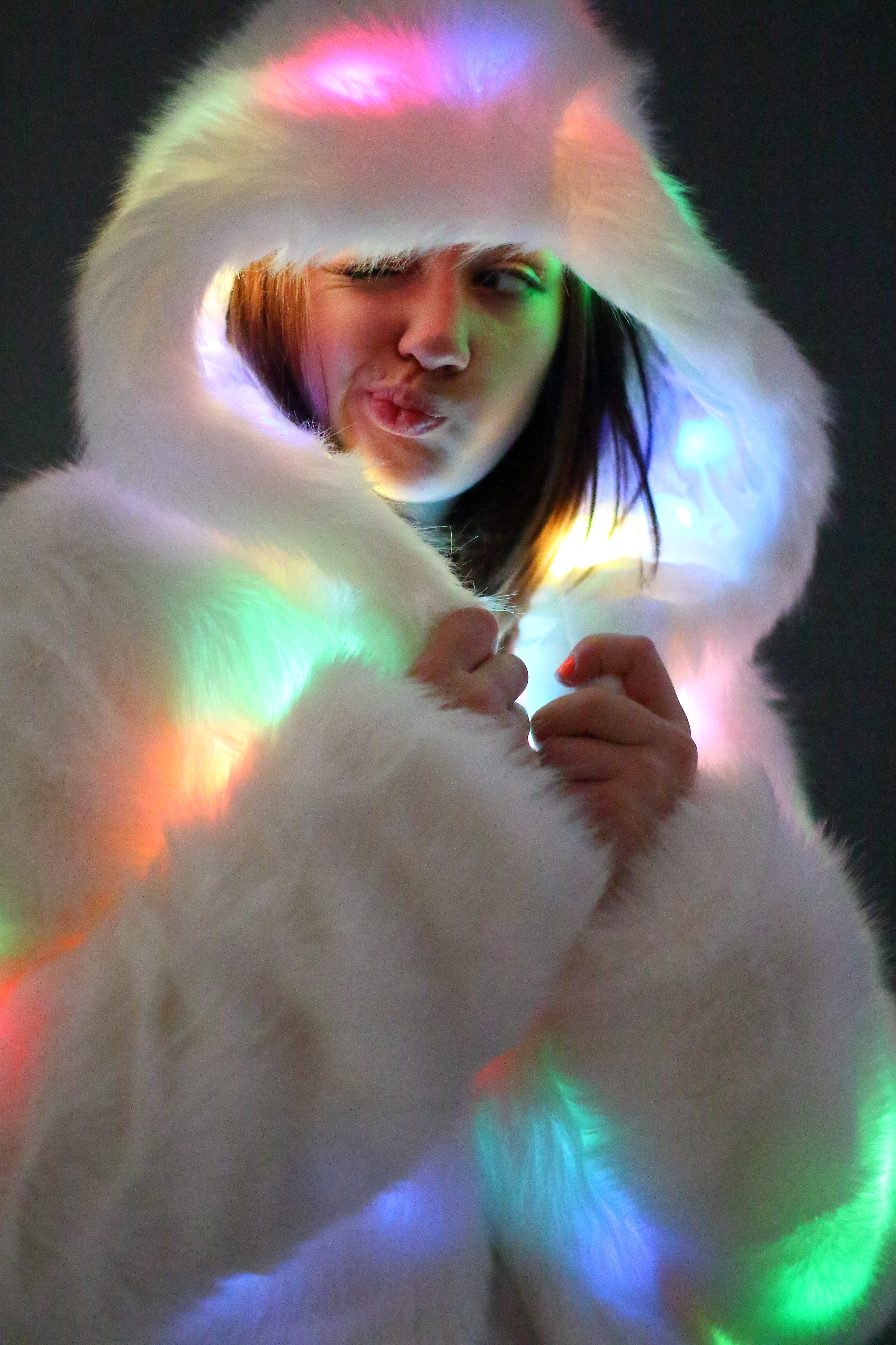 front view, adult, seasons, coat, kpop, warm, women, bundle, fur, domestic, mammal, holding, indoors, one animal, one person, attitude, fashion, 5K, lights, Phone HD Wallpaper