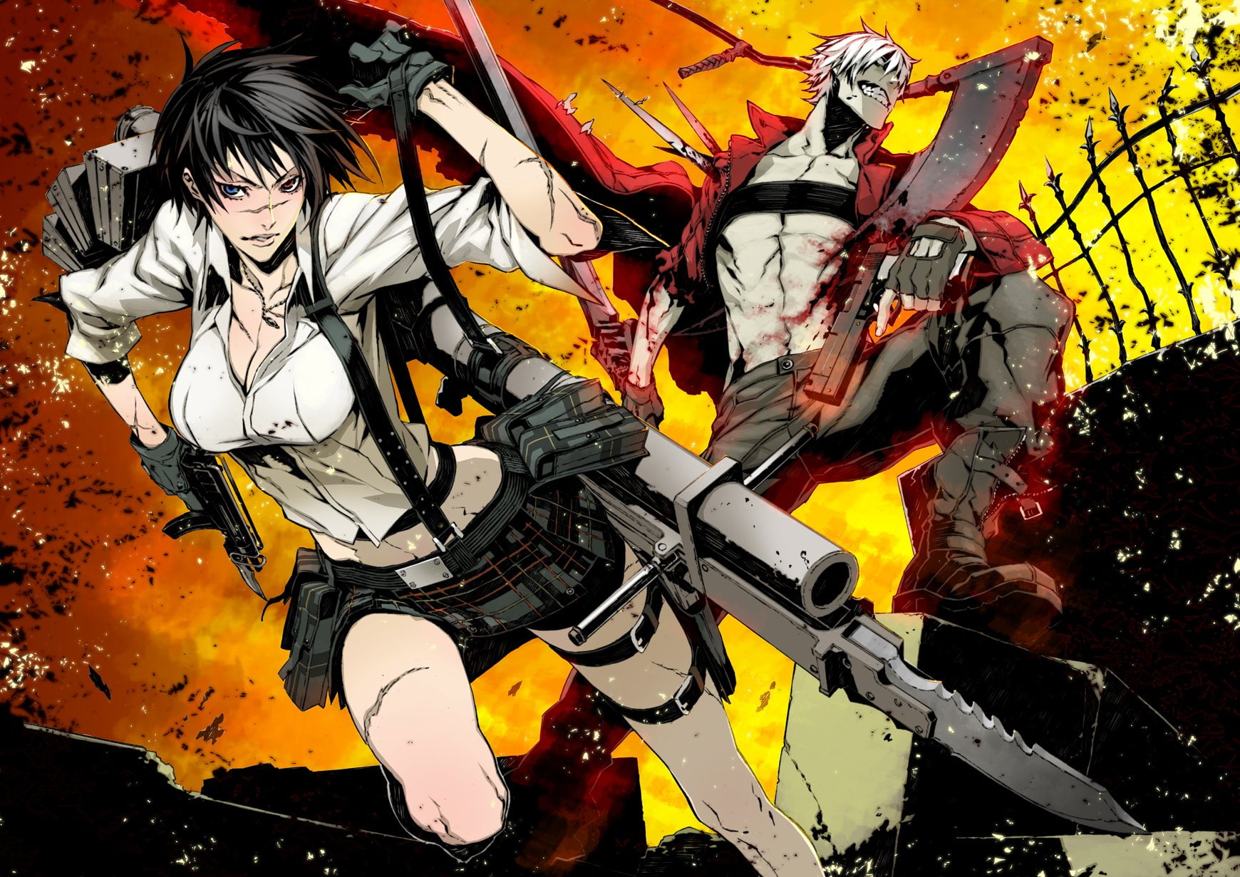 Short Hair, Dante (Devil May Cry), Handgun, Lady (Devil May Cry), Scythe, Wound, Sword, Heterochromia, Skirt, Glove, Blood, Woman, White Hair, Man, 720P, HD Wallpaper