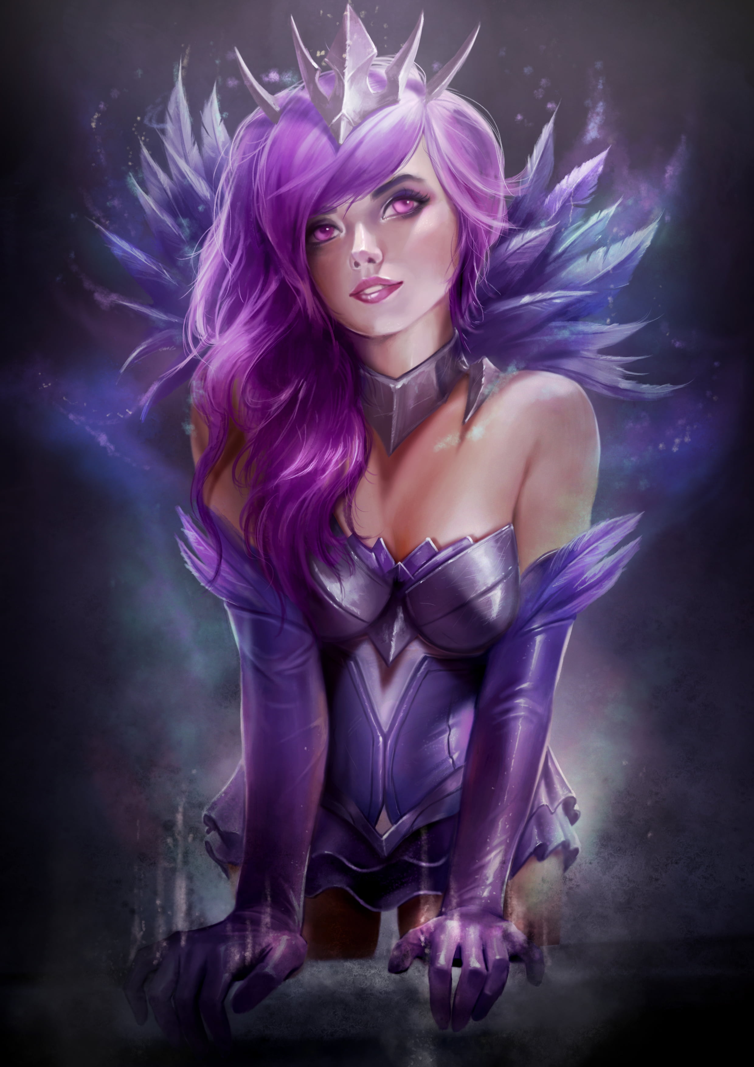 Firolian, purple clothing, bare shoulders, portrait display, elbow gloves, digital art, smiling, tiaras, fan art, feathers, League of Legends, armor, purple hair, Phone HD Wallpaper