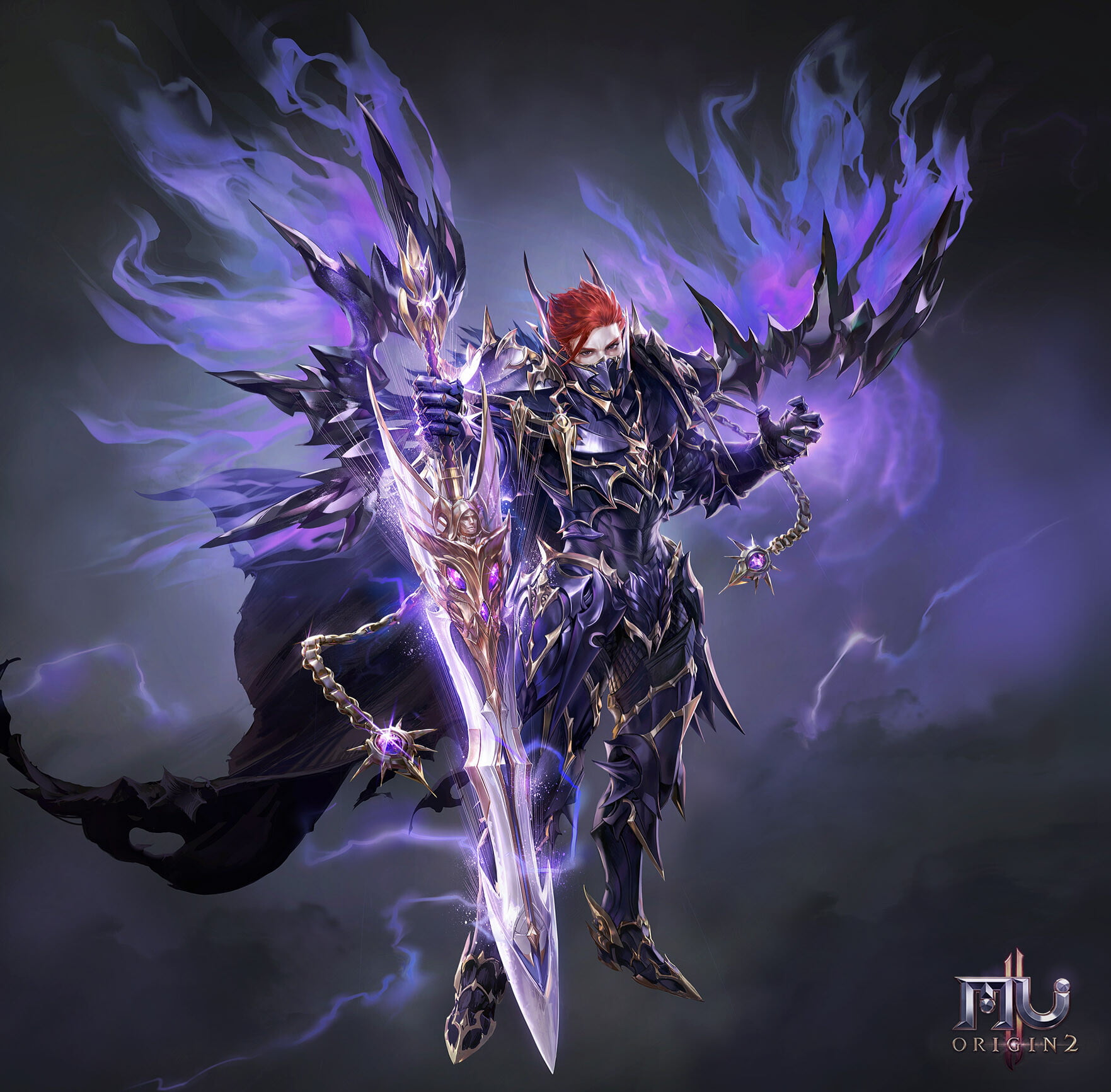 720P, warrior, redhead, spikes, chains, sword, mask, men, glowing, drawing, short hair, weapon, armor, spell, frown, purple, HD Wallpaper