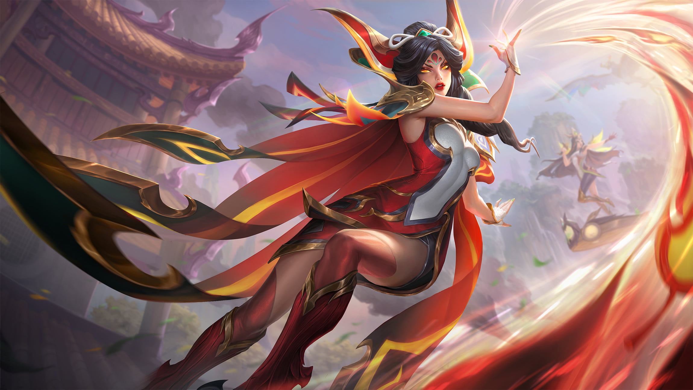 Xayah (League of Legends), yellow eyes, long hair, dark hair, wavy hair, League of Legends, boots, Ina Wong, 1080P, women, video game art, dress, drawing, HD Wallpaper