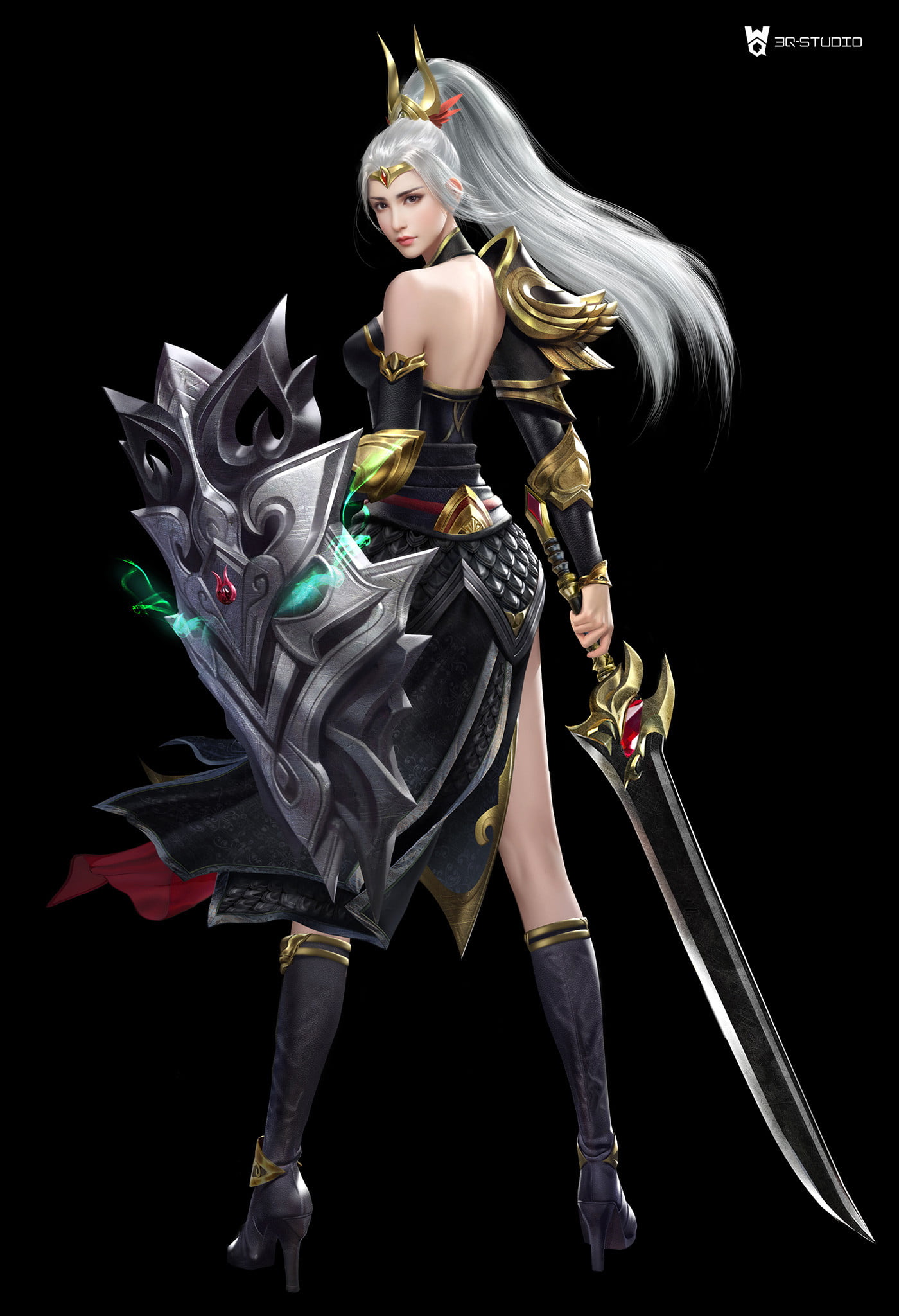 silver hair, women, looking at viewer, ponytail, weapon, high heels, simple background, armor, drawing, black background, black clothing, 3Q Studio, sword, Phone HD Wallpaper