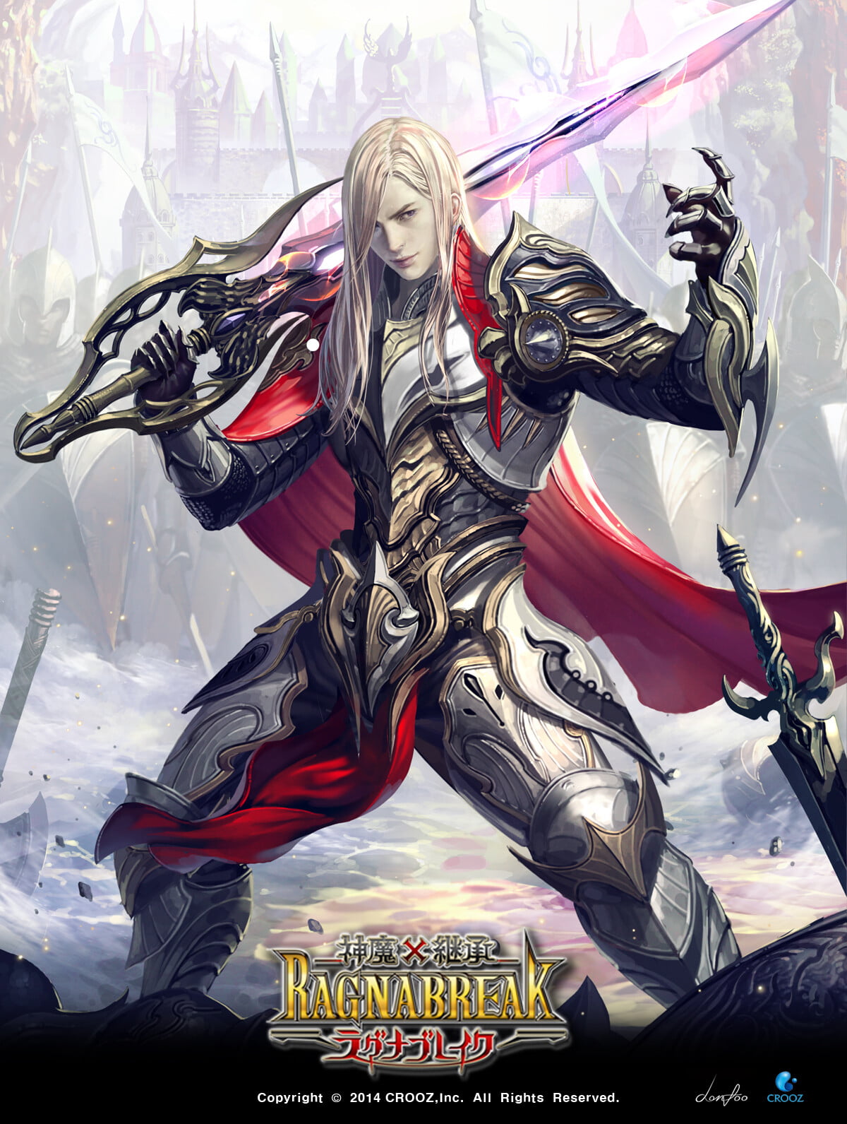 cape, blonde, long hair, 720P, armor, weapon, drawing, warrior, spell, men, steel, magic, red clothing, sword, Phone HD Wallpaper