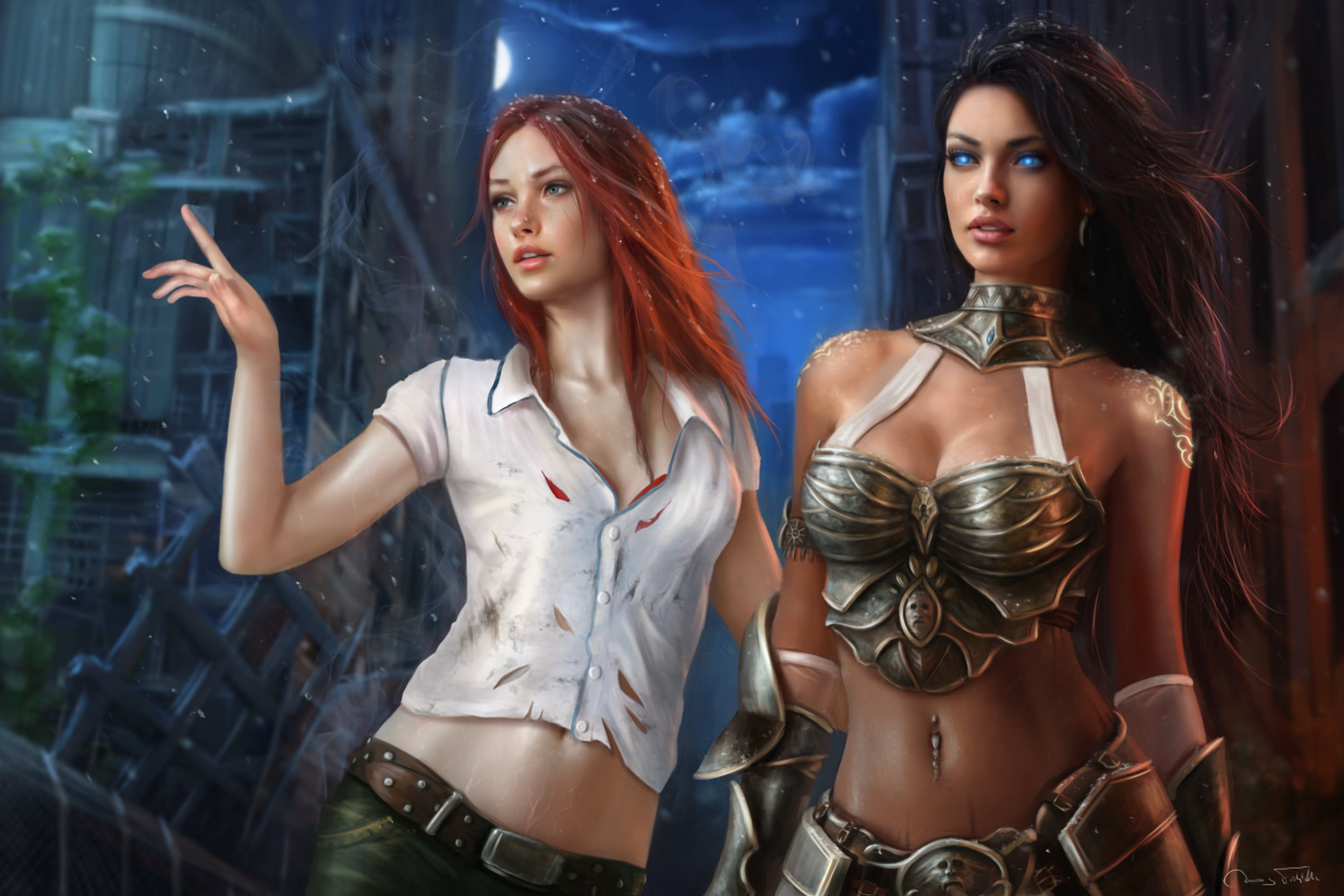 night, 1080P, blue eyes, ruins, two women, armor, shirt, redhead, fantasy art, Moon, women, glowing eyes, torn clothes, drawing, dark hair, Jorsch, HD Wallpaper