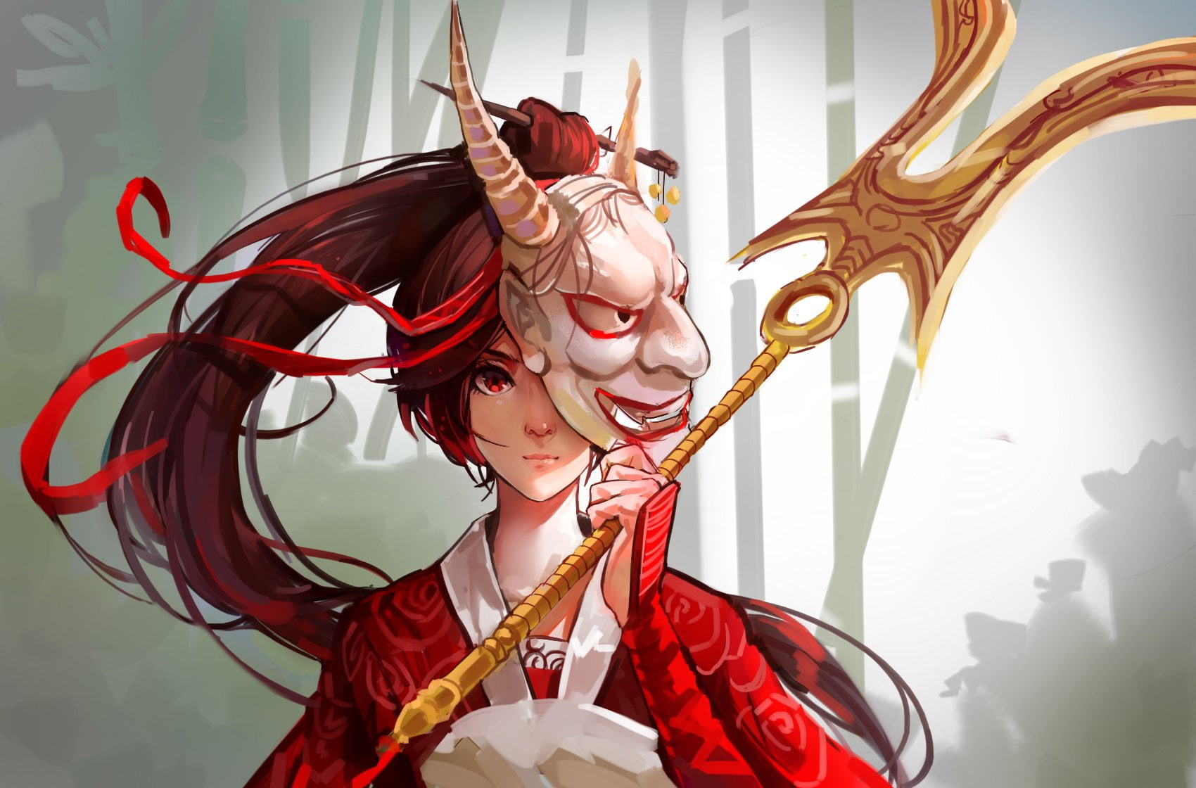 clothes, weapon, hair, league, ribbons, japanese, akali, red, brown, eyes, long, 720P, mask, mconch, legends, ponytail, HD Wallpaper