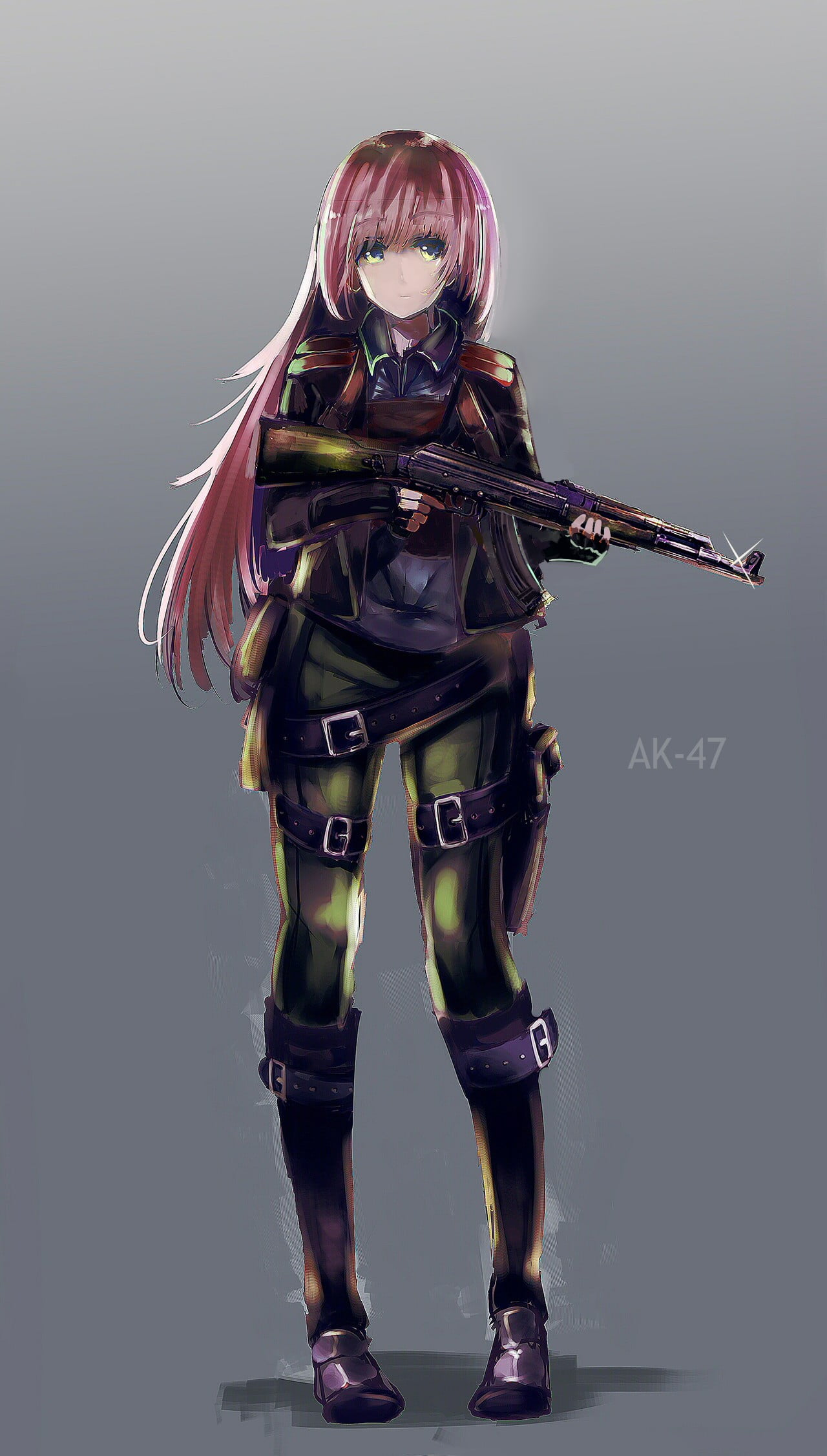 gun, uniform, gray background, adult, human body part, AK-47, beautiful woman, green eyes, weapon, standing, long hair, unrecognizable person, anime girls, Phone HD Wallpaper