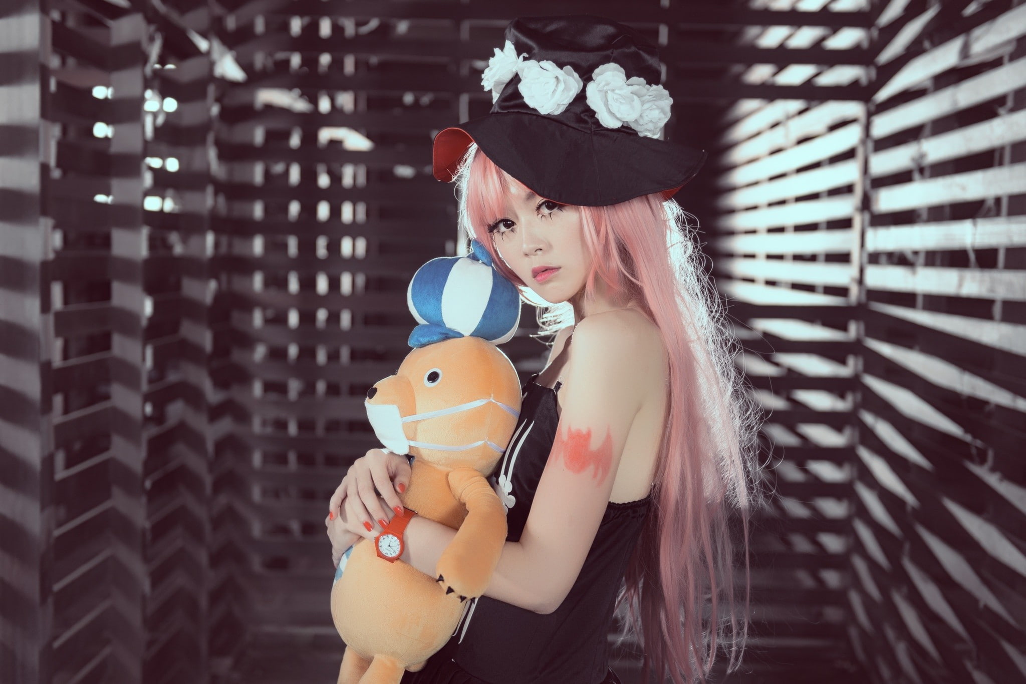 Perona, brown eyes, 1080P, hat, cosplay, Asian, dyed hair, pink hair, women, model, HD Wallpaper