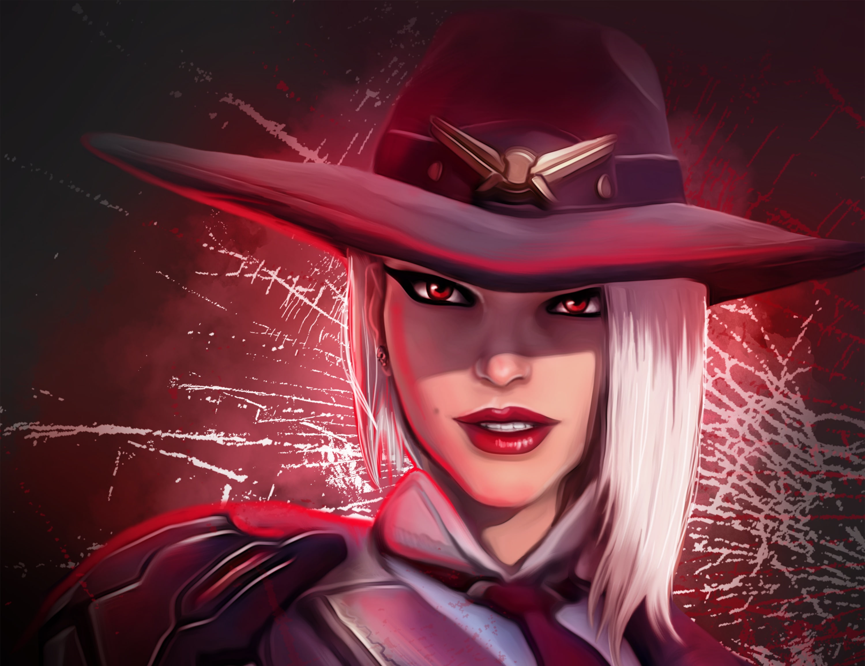 Lipstick, 2K, Overwatch, Hat, White Hair, Ashe (Overwatch), Red Eyes, Face, Video Game, HD Wallpaper