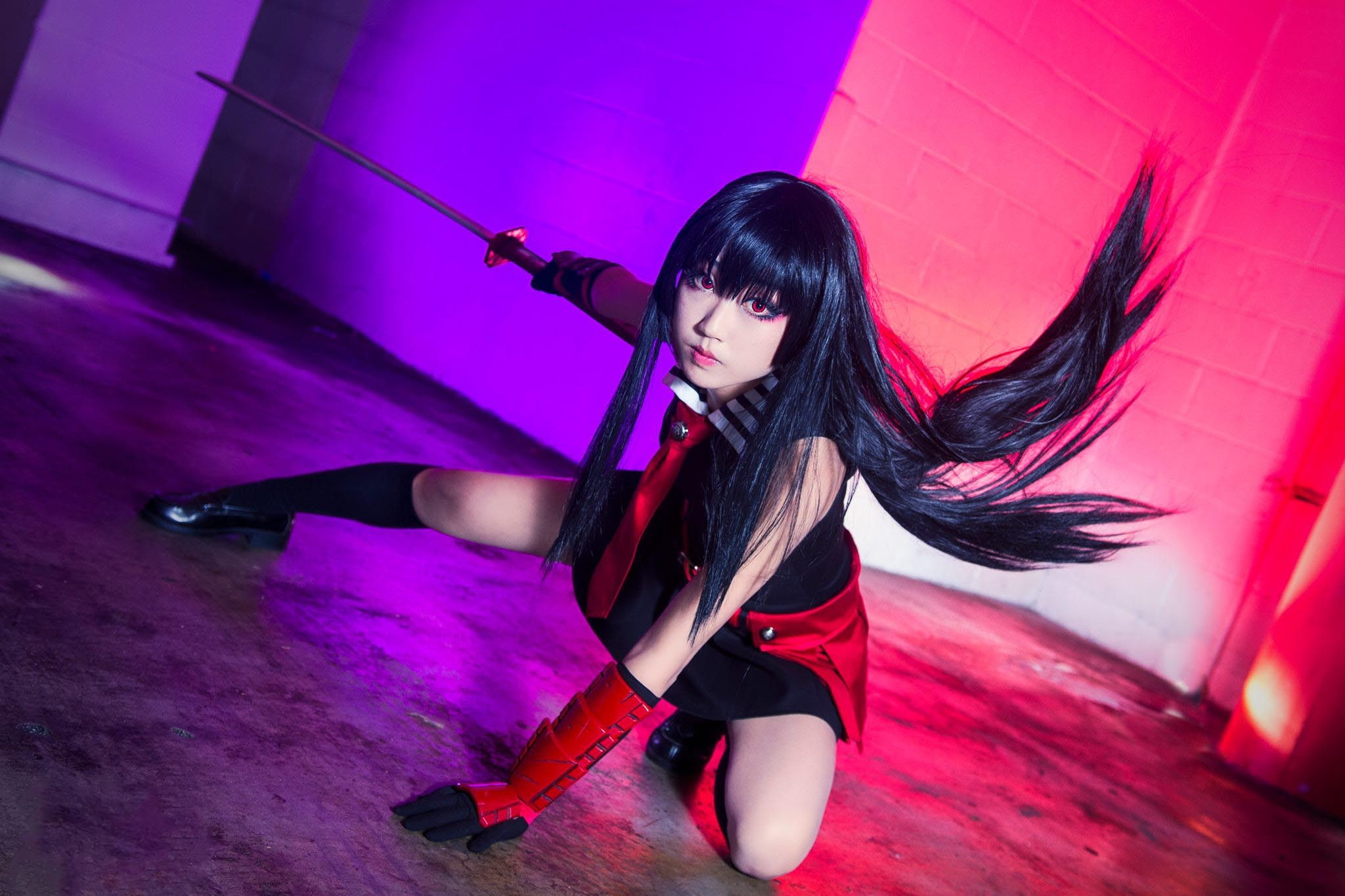 lifestyles, long hair, beauty, red eyes, women, music, young adult, skill, full length, nightlife, fashion, adult, stage, flooring, 1080P, sword, clothing, HD Wallpaper