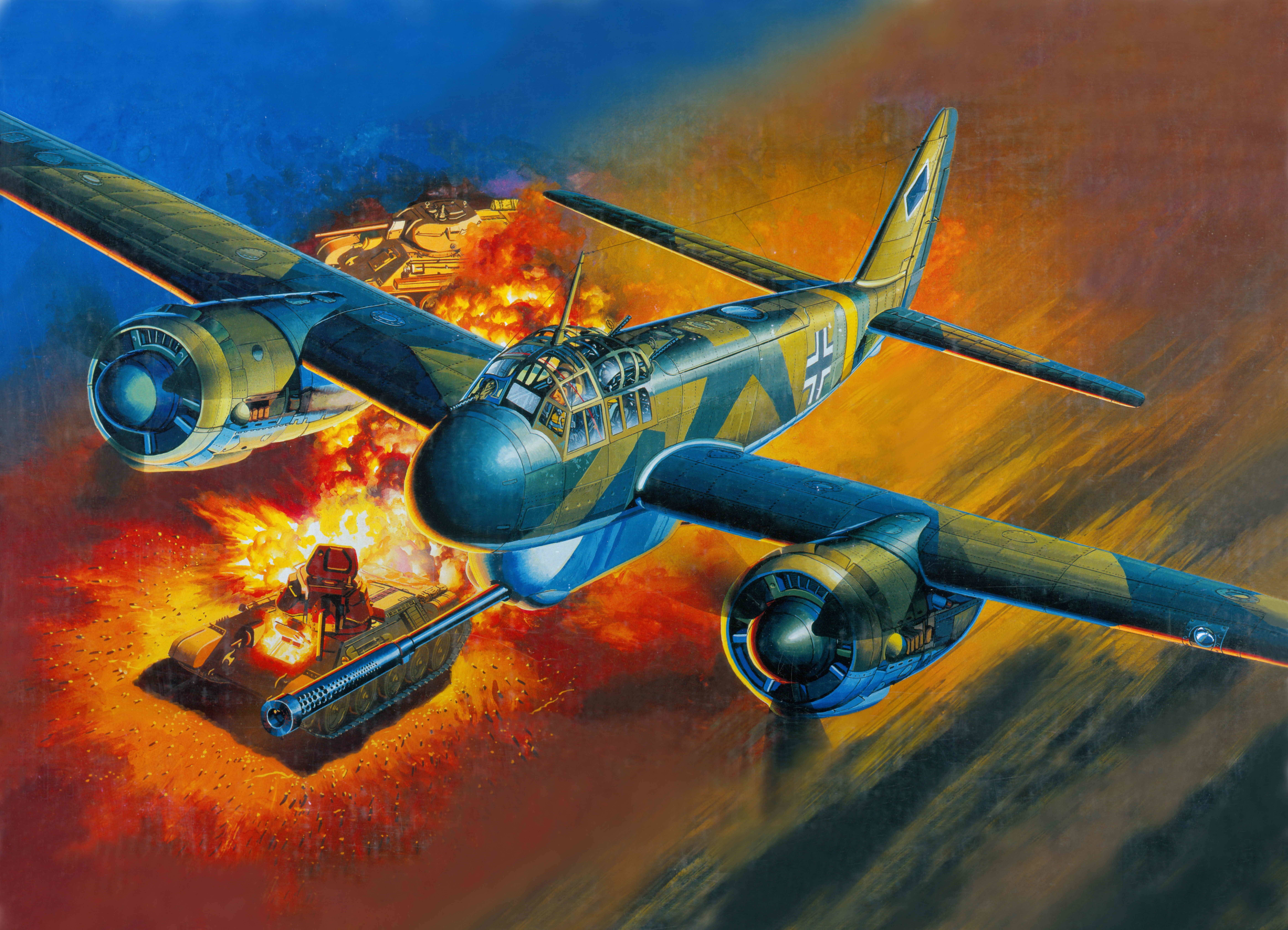 medium tank, anti-tank, plane, gun, brown, fighter, Art, Junkers, T-34, 8K, P-1, blue, illustration, Ju.88, fire, the sky, Soviet, Pak 40, German, war, HD Wallpaper