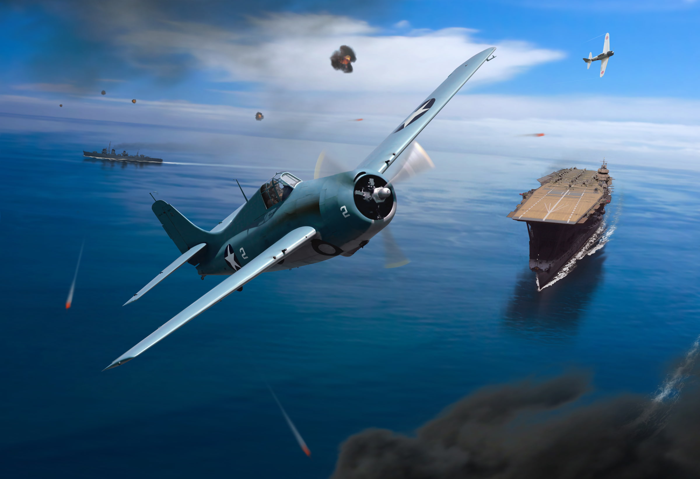 sky, blue, Grumman, art, outdoors, nature, «Akagi», war, mode of transportation, American, the sky, air vehicle, WW2, motion, ships, water, flying, fighter, HD Wallpaper