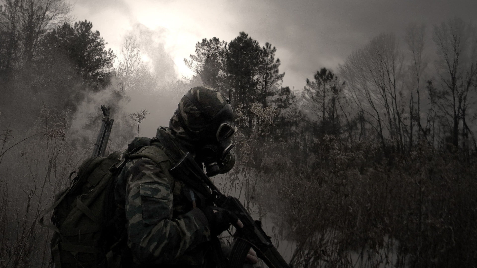 gas, art, hd, 1080P, ak, Military, x, aircraft, masks, Trees, weapons, HD Wallpaper
