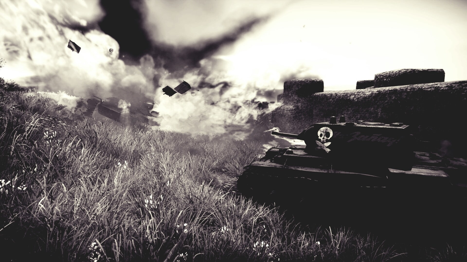 sky, 1080P, outdoors, weapon, tank, mode of transportation, smoke - physical structure, grass, plant, military, day, gun, environment, cloud - sky, the past, HD Wallpaper