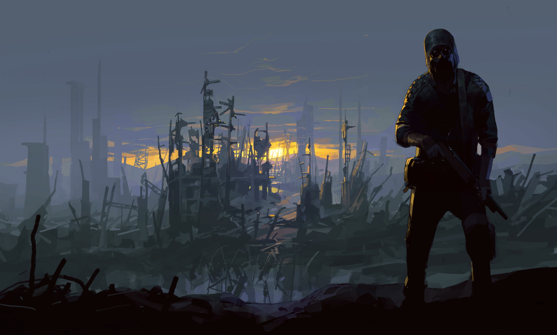 environment, sunset, ruins, gas masks, apocalyptic, 1080P, weapon, HD Wallpaper