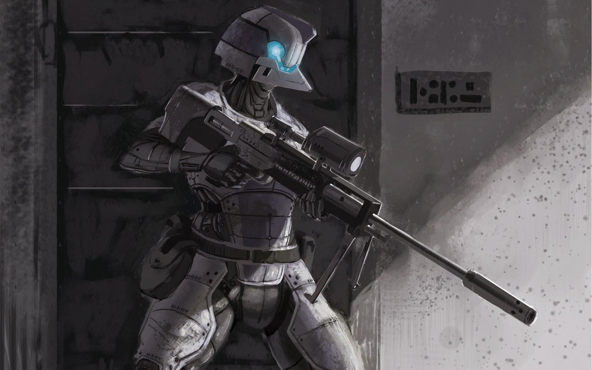 astronaut, sniper rifle, unrecognizable person, sniper, protection, futuristic, outdoors, weapon, 1080P, one person, helmet, work helmet, day, robot, protective workwear, HD Wallpaper