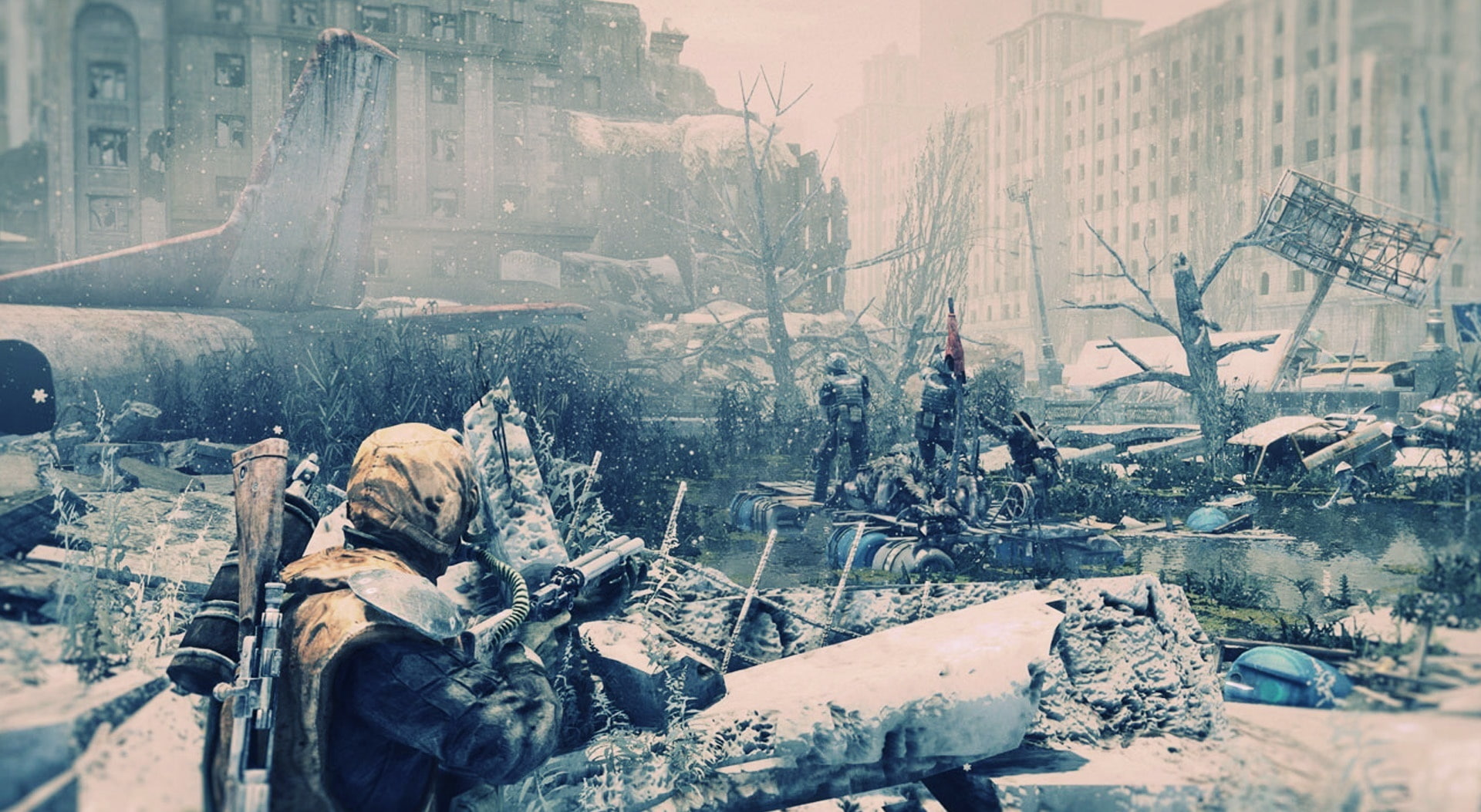 video game, land vehicle, built structure, day, light, snow, architecture, real people, men, messy, building, art, winter, snowing, nature, destruction, HD Wallpaper