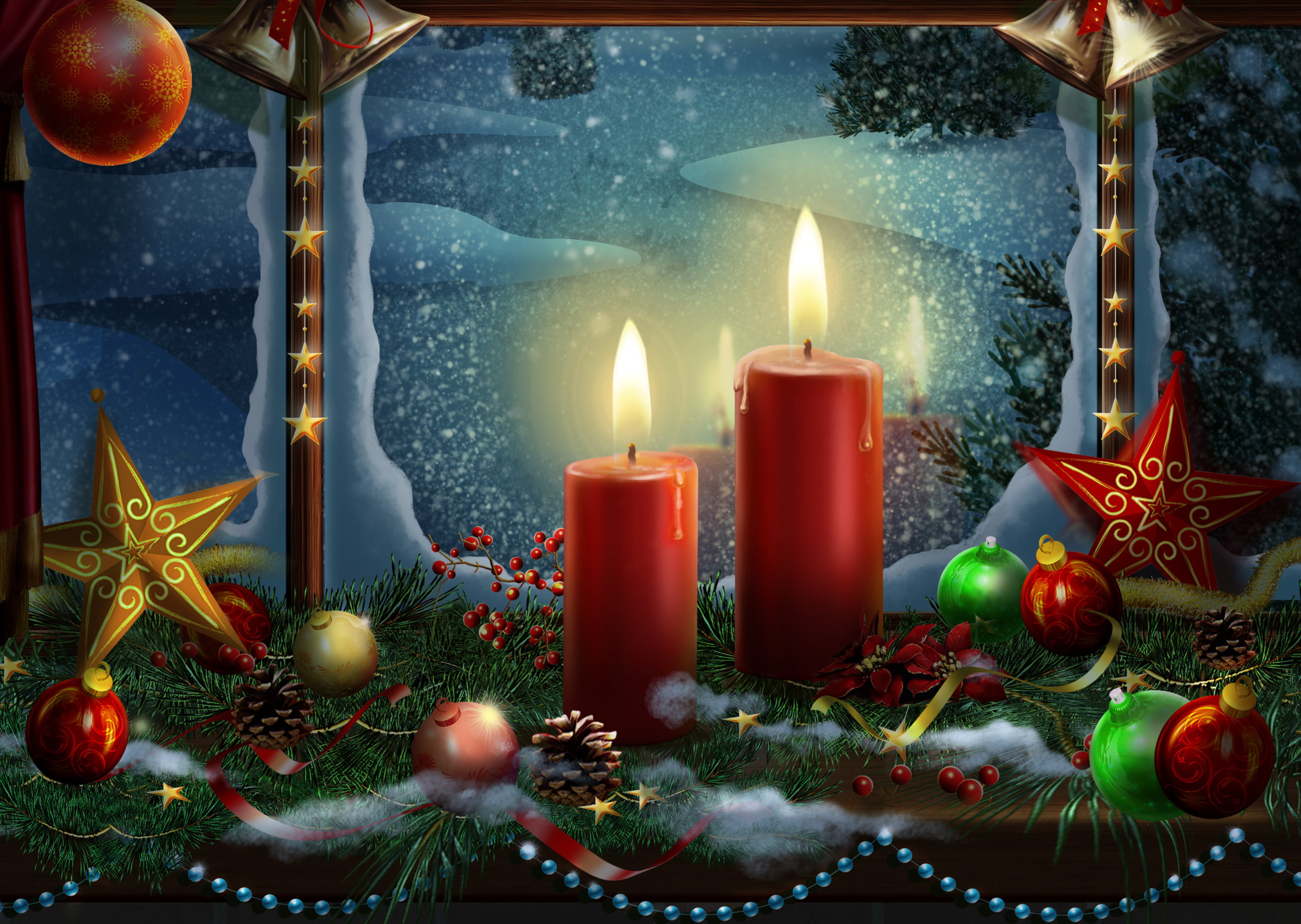 light - Natural Phenomenon, branch, cultures, lovely, cool, candles, event, nature, window, Happy New Year, december, christmas Ornament, pine Tree, illuminated, HD Wallpaper