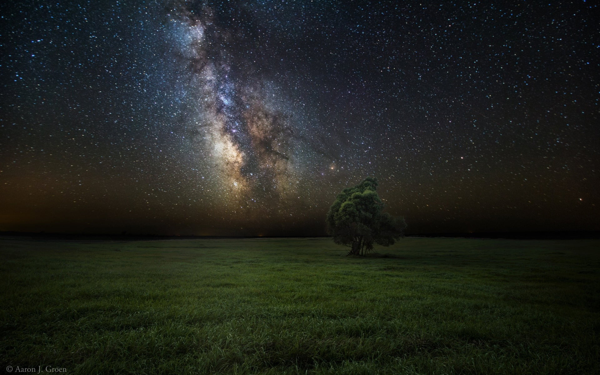 no people, beauty in nature, stars, 1080P, astronomy, environment, grass, green color, tranquil scene, sky, space, tranquility, star, star field, scenics - nature, HD Wallpaper
