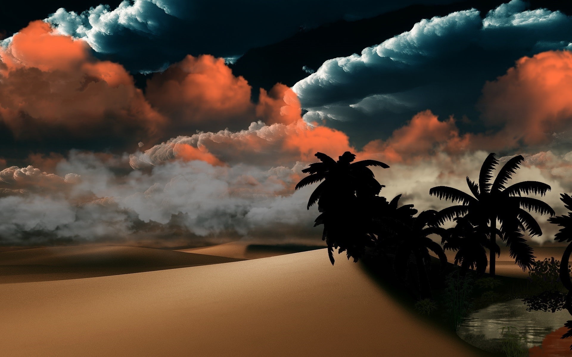 desert, tranquility, tree, environment, smoke - physical structure, scenics - nature, digital art, nature, sky, silhouette, palm trees, land, orange color, HD Wallpaper