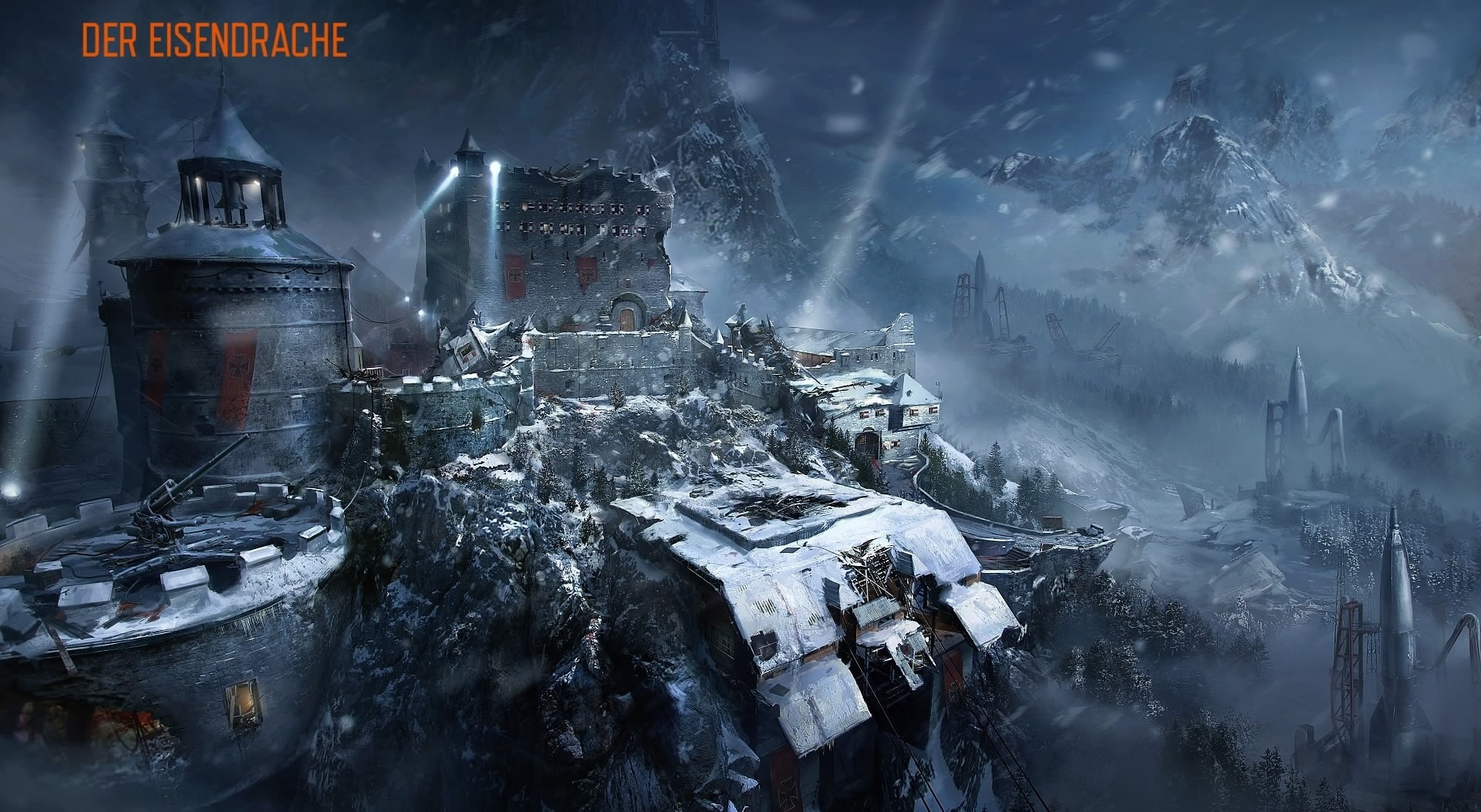 eisendrache, built structure, snowing, Games, activity, 1080P, call of duty zombies, city, black, scenics - nature, winter, castle, snowcapped mountain, HD Wallpaper