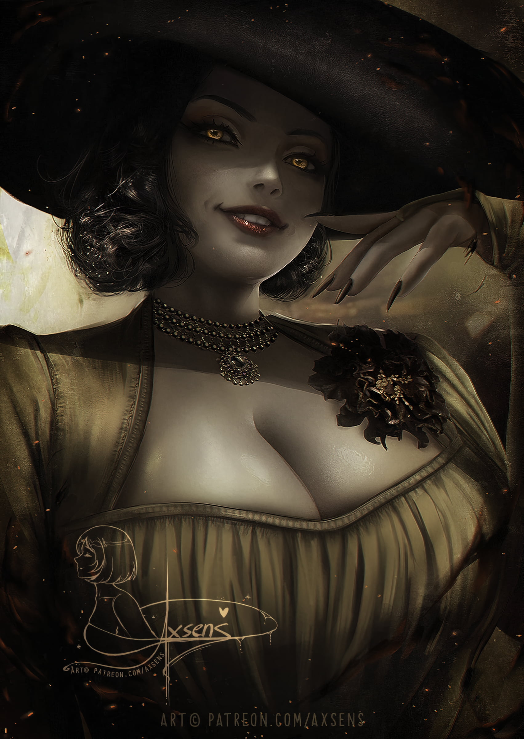 horror, smile, vampires, artwork, necklace, video game art, 1080P, anime girls, video game characters, axsens, rose, Resident Evil, pale, painted fingernails, Phone HD Wallpaper