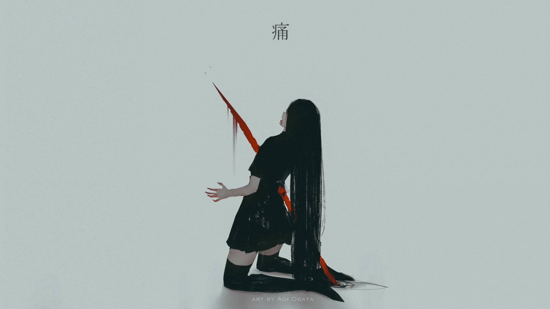 thigh high socks, digital art, blood, black clothing, 1080P, knee-highs, back, women, kneeling, Aoi Ogata, artwork, minimalism, long hair, skirt, simple, HD Wallpaper