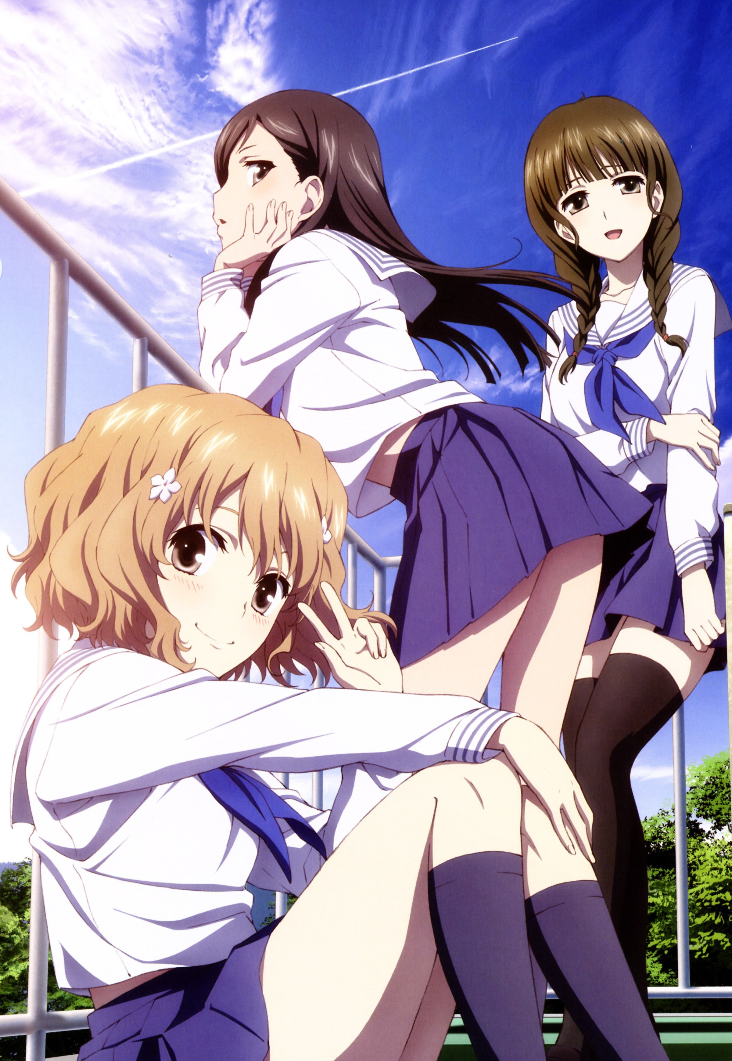 knee, oshimizu, thigh, schoolgirls, matsumae, hanasaku, uniforms, school, minko, socks, ohana, tsurugi, highs, anime, girls, iroha, skirts, 2K, nako, Phone HD Wallpaper