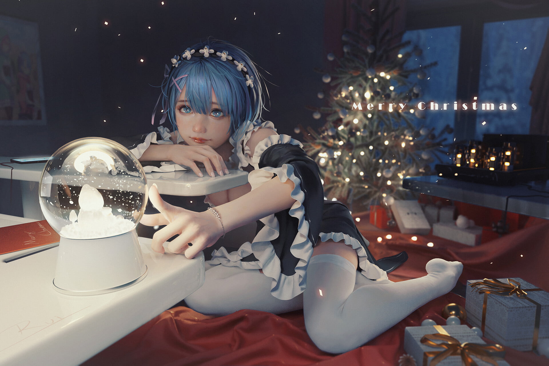 short hair, thigh high socks, snow globe, blue hair, presents, maid outfit, 1080P, Christmas Tree, bangs, Christmas, blue eyes, drawing, hair accessories, HD Wallpaper