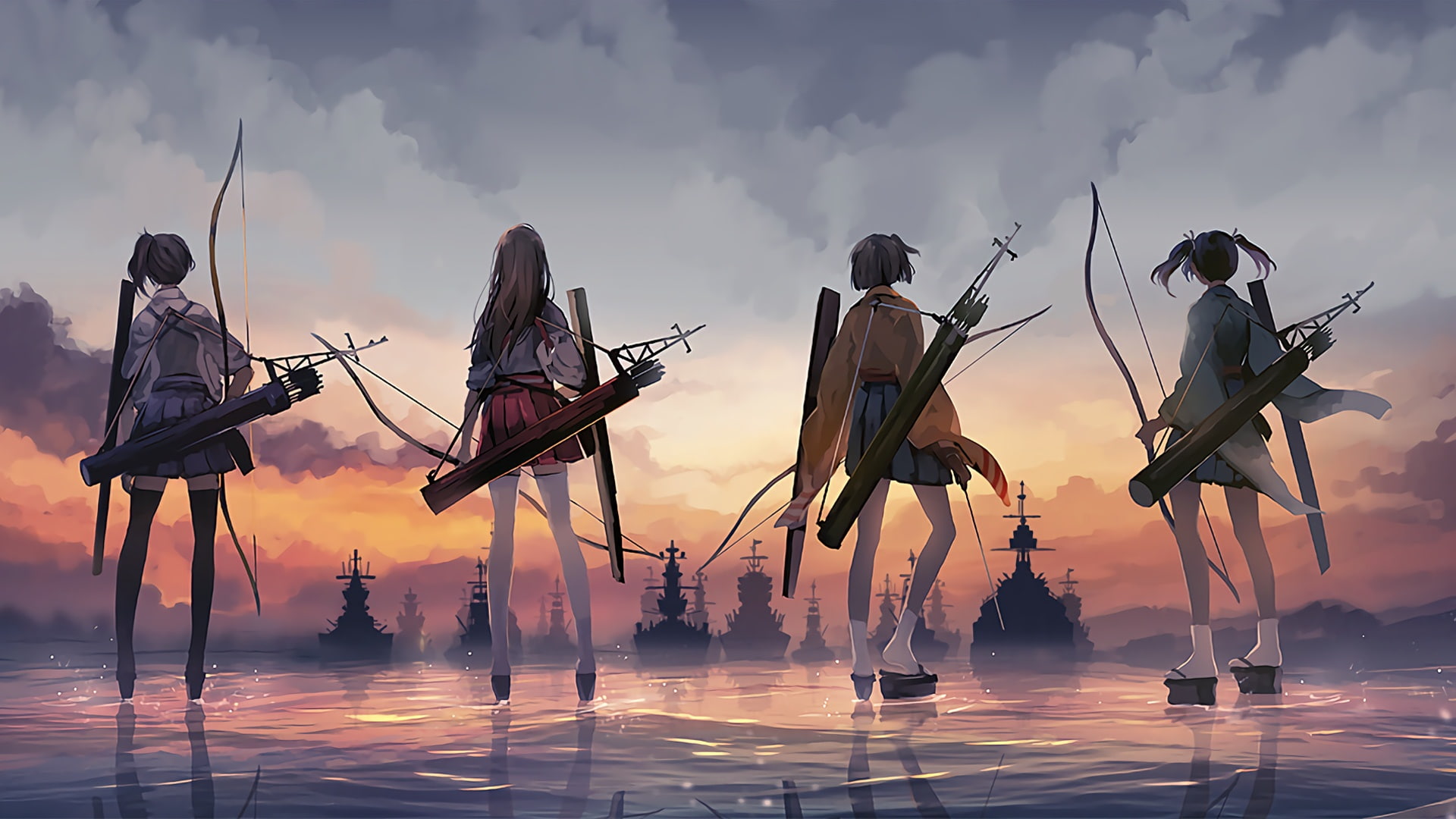 Kantai Collection, Socks, Anime, Kaga (Kancolle), Skirt, 1080P, Hiryuu (Kancolle), Souryuu (Kancolle), Girl, Akagi (Kancolle), Thigh Highs, HD Wallpaper