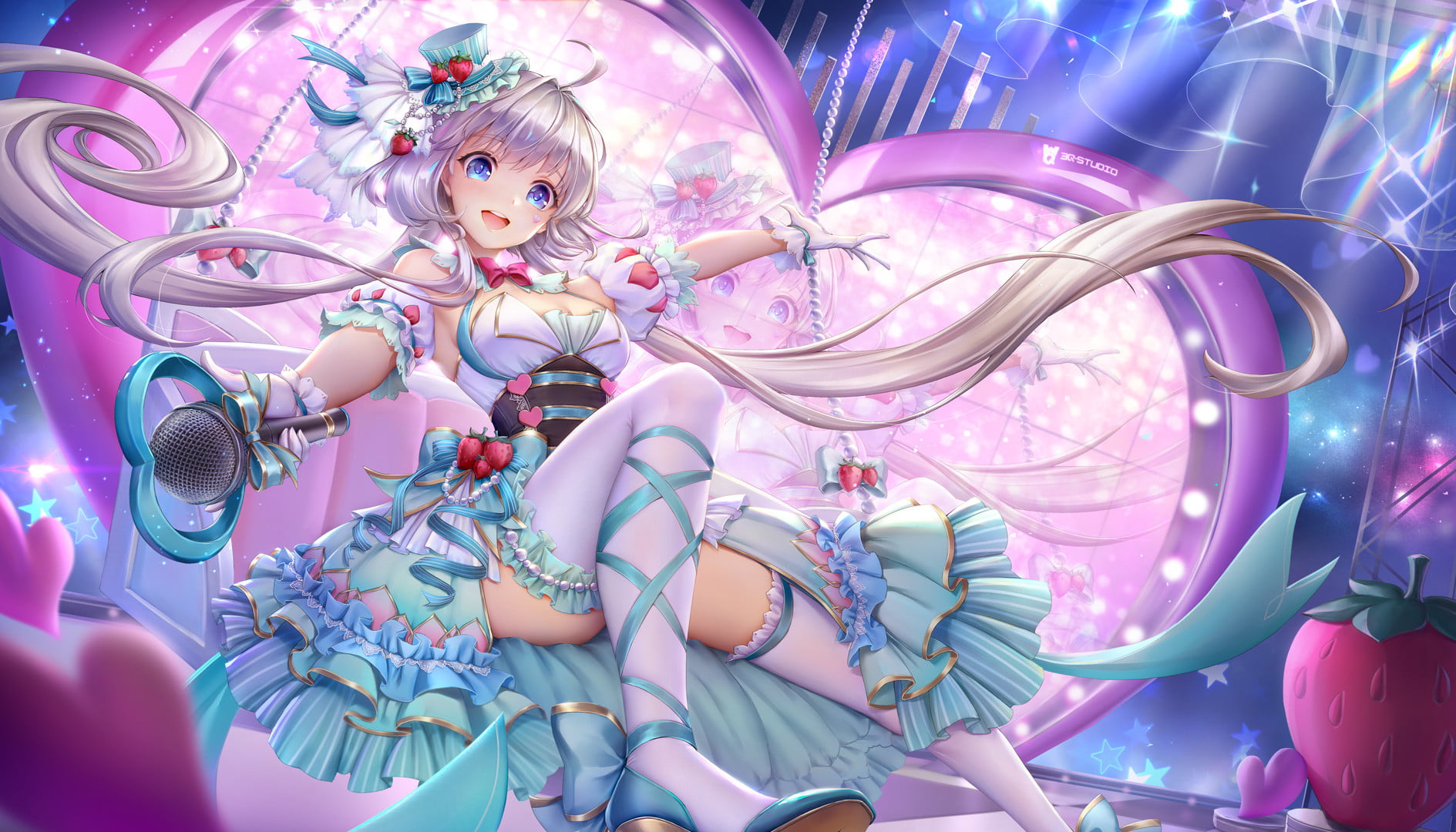 blue, 720P, dress, thigh high socks, skirt, hat, silver hair, pink, heart, blue eyes, 3Q Studio, women, cyan, drawing, blue clothing, long hair, HD Wallpaper