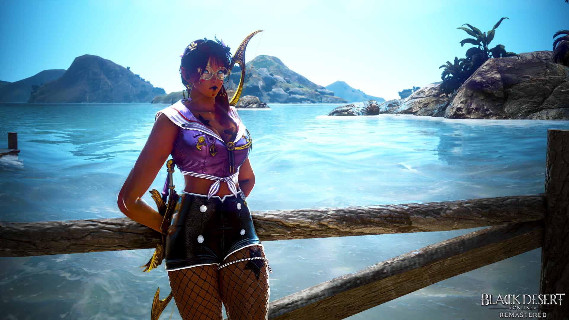 screen shot, curvy, thighs, ebony, thigh-highs, landscape, glasses, video game characters, navy, black desert online, video game girls, 1080P, fantasy art, HD Wallpaper