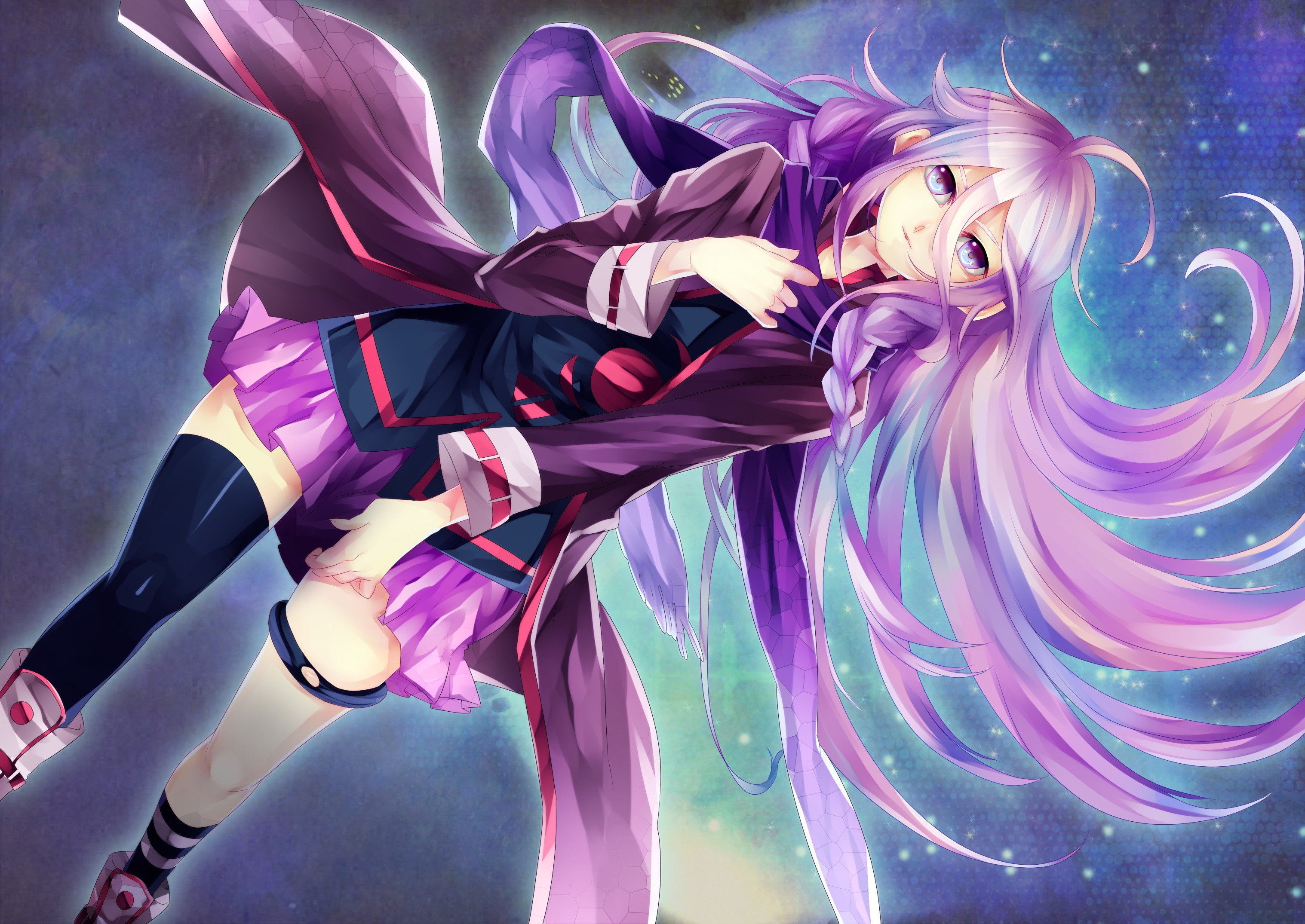 scarfs, night, purple, skirts, knee, vocaloid, legwear, thigh, skies, stars, striped, braids, jackets, socks, long, heterochromia, ahoge, highs, girls, HD Wallpaper