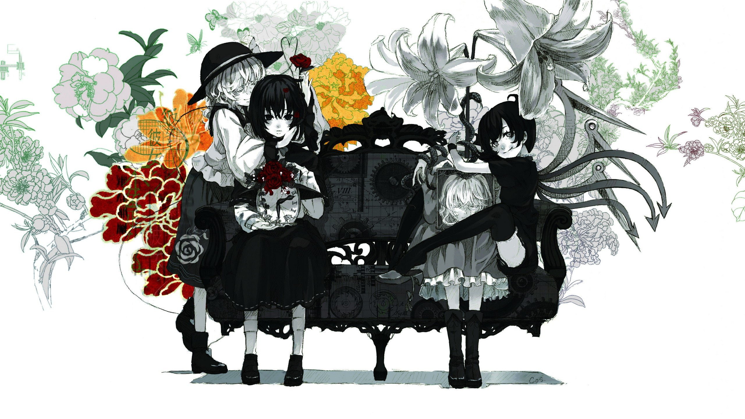 polychromatic, hats, koishi, roses, clocks, wings, komeiji, sitting, black, 2K, skirts, hair, socks, long, flowers, thigh, closed, highs, han, maribel, HD Wallpaper