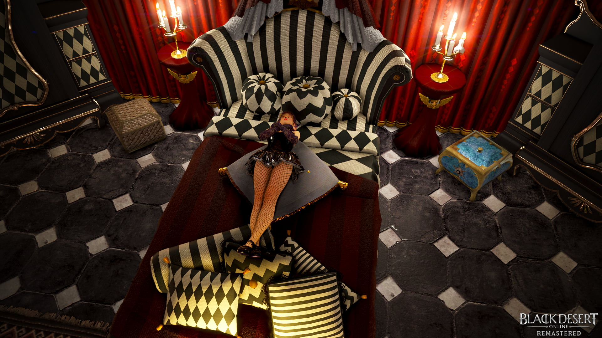 thigh-highs, thighs, 1080P, screen shot, black desert online, thigh high socks, bed, skirt, video game girls, fantasy girl, video game art, bedroom, video game characters, HD Wallpaper