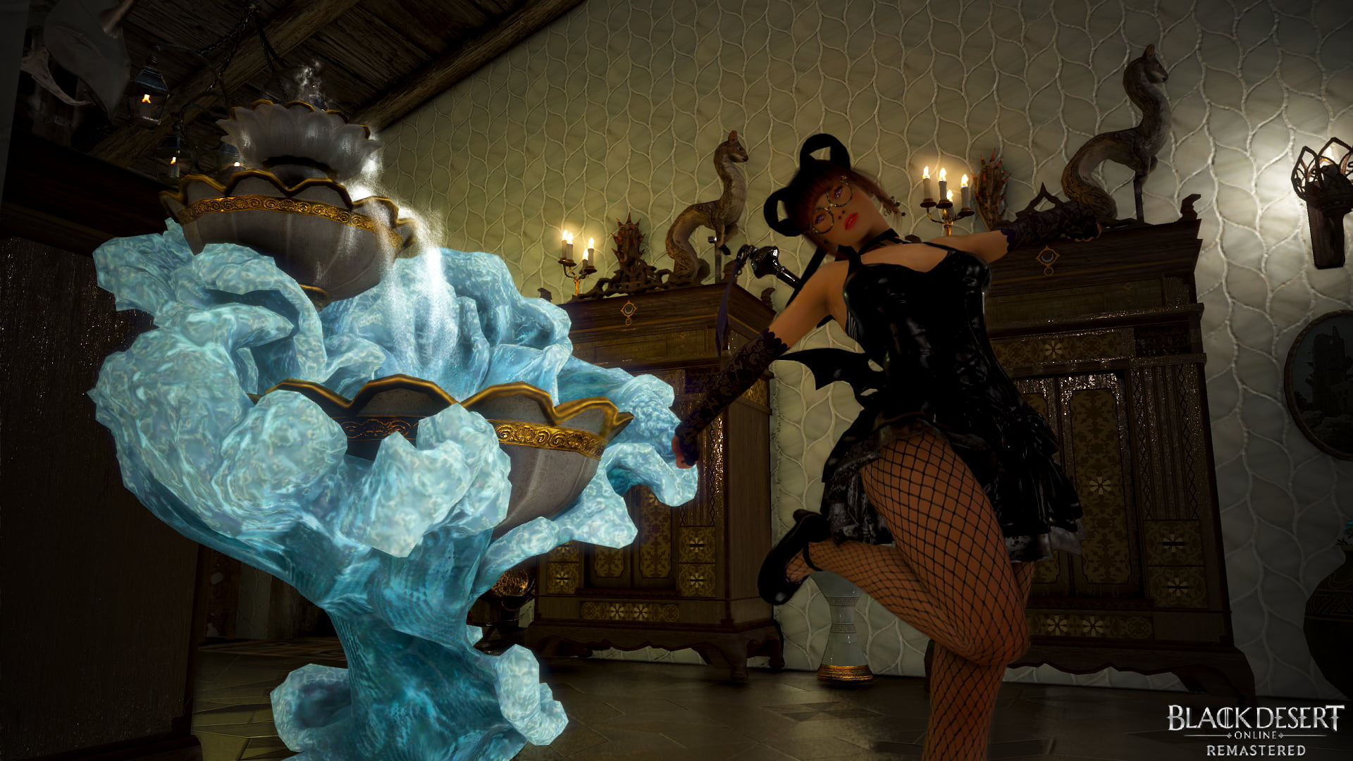 fontain, fantasy art, thighs, 1080P, video game art, skirt, Black Desert, fantasy girl, vampires, black corset, thigh-highs, video game characters, video game girls, HD Wallpaper